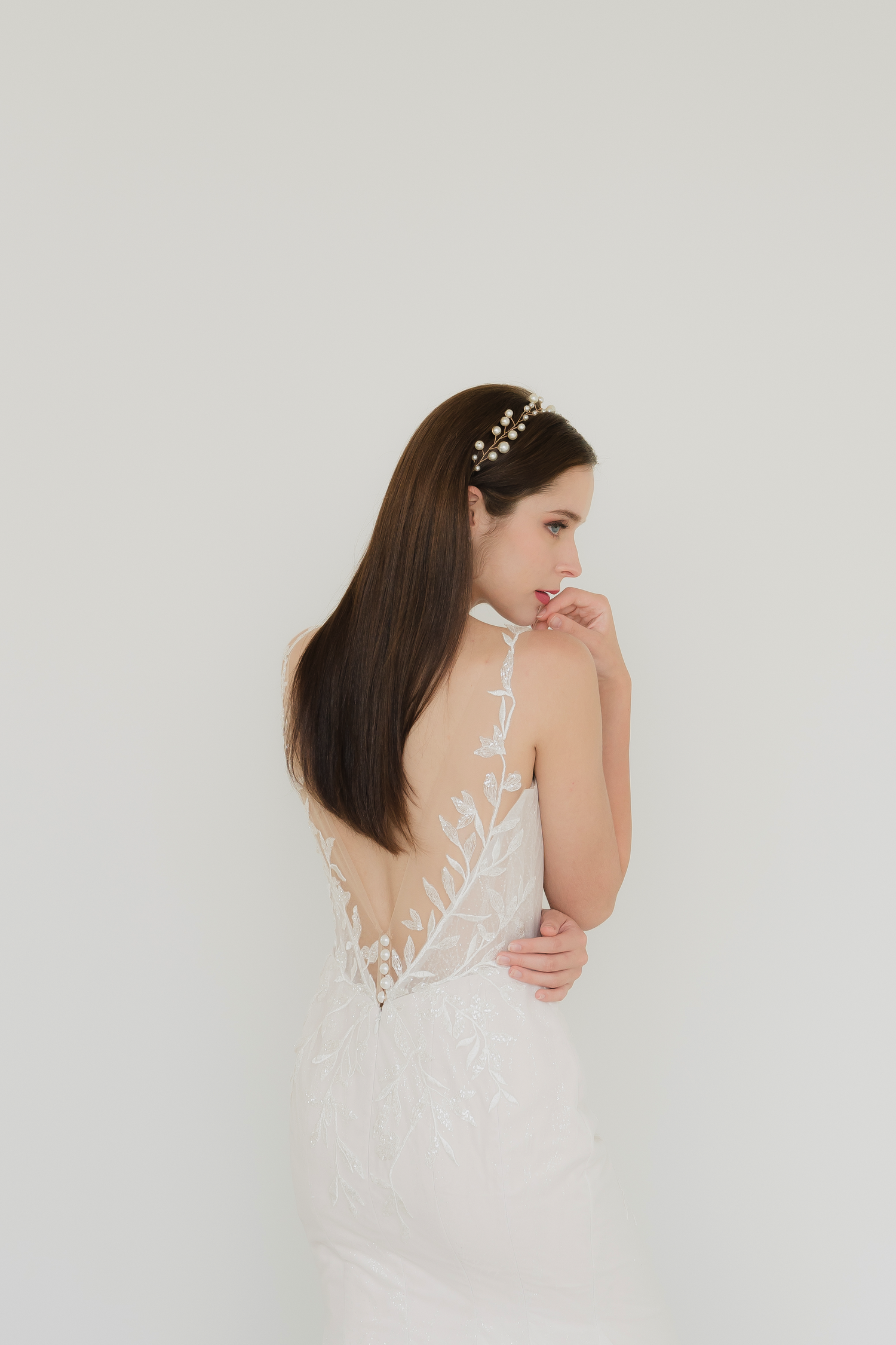 Close-up of Alana wedding dress highlighting the intricate lace appliqués