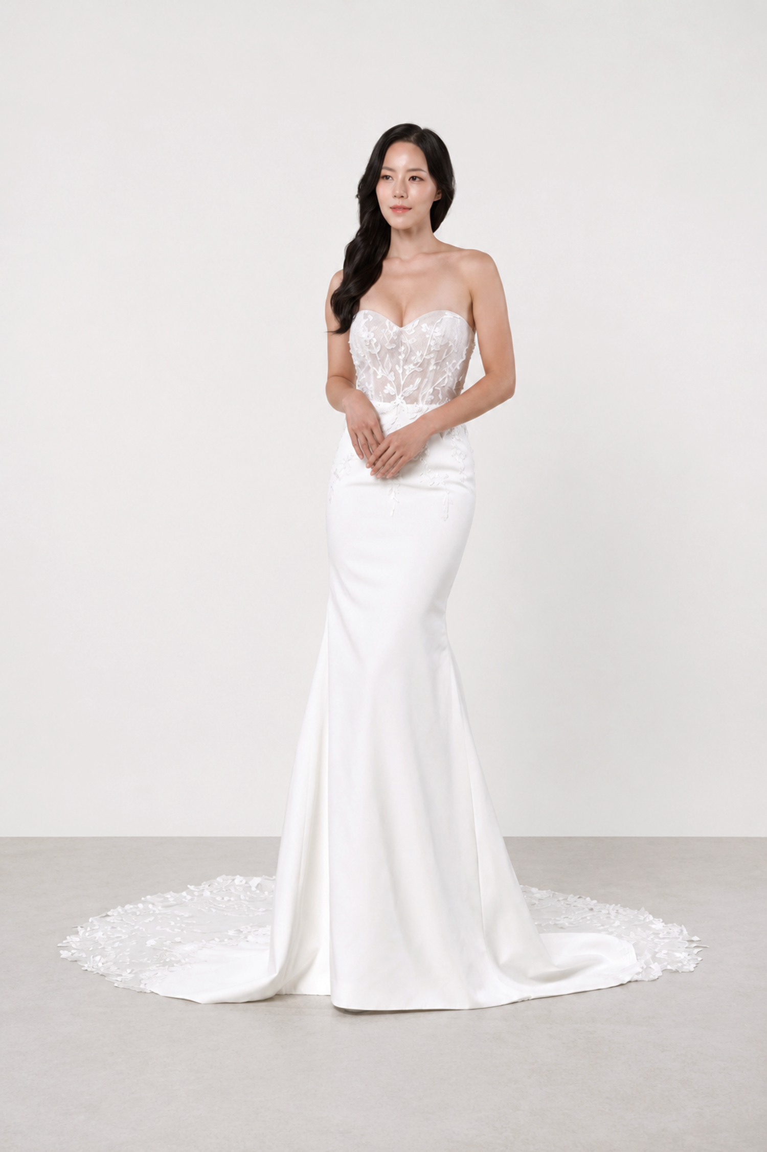 Alyssa wedding dress front view with a sweetheart neckline and lace bodice