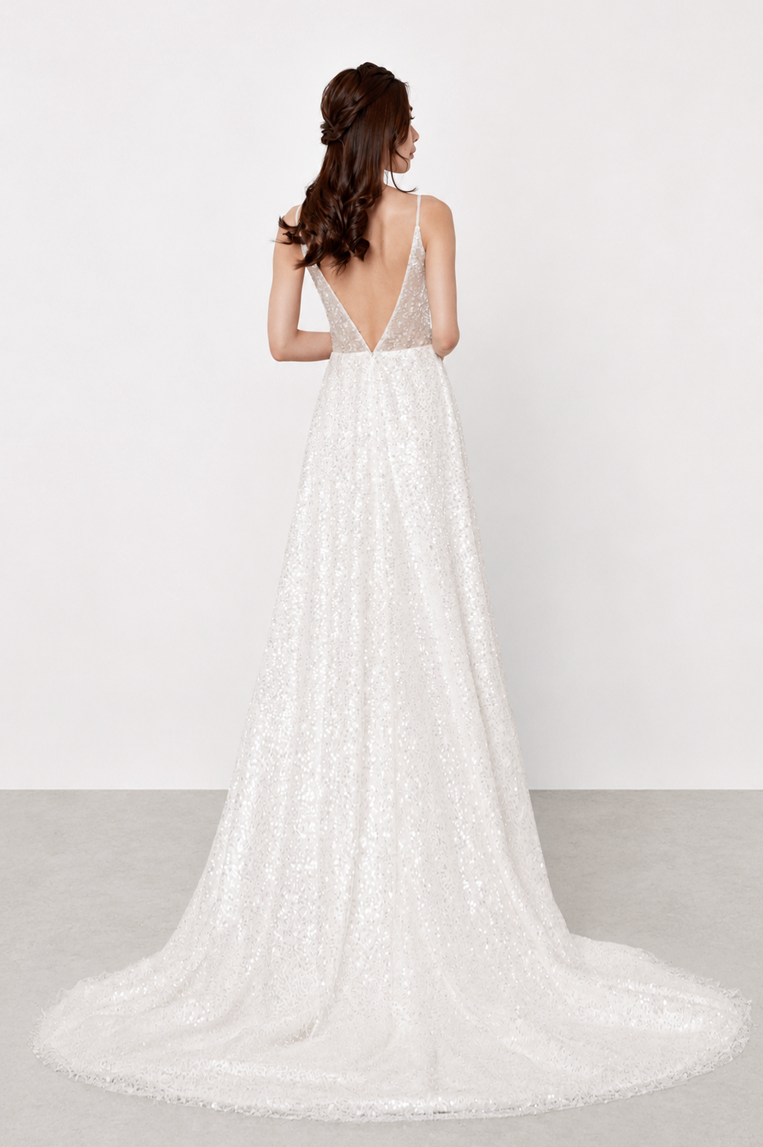 Anna bridal gown back view with shimmering sequined detailing