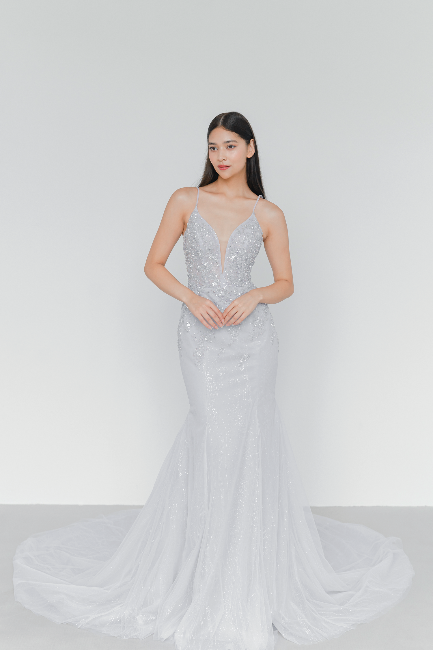 Bailey bridal evening gown front view in a unique dusty lilac shade