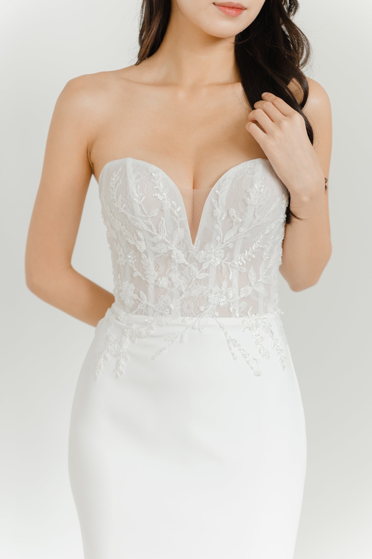 Close-up of Benetta bridal gown showcasing the romantic sweetheart neckline