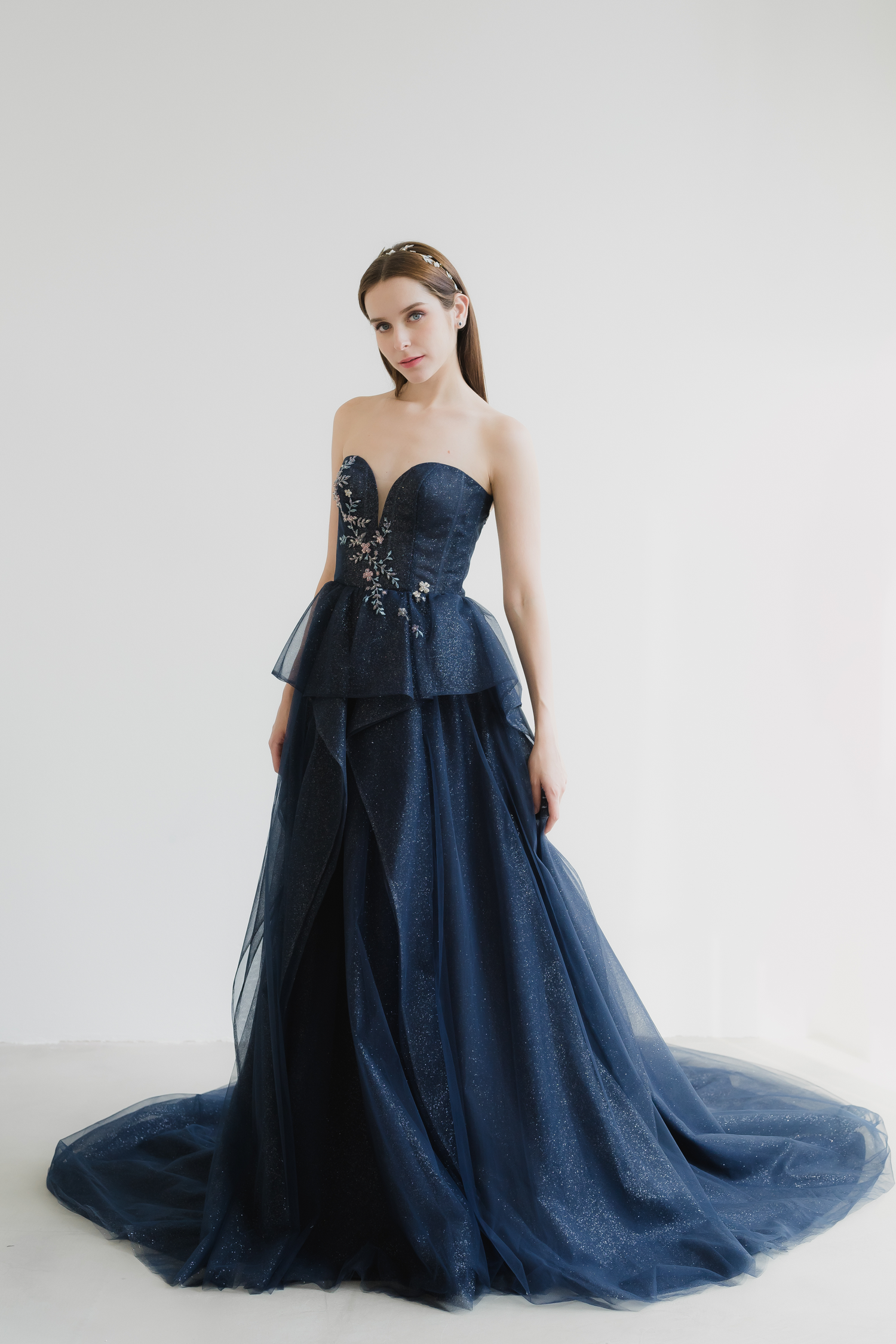 Brenda evening dress featuring pastel floral beaded lace and shimmering glitter tulle