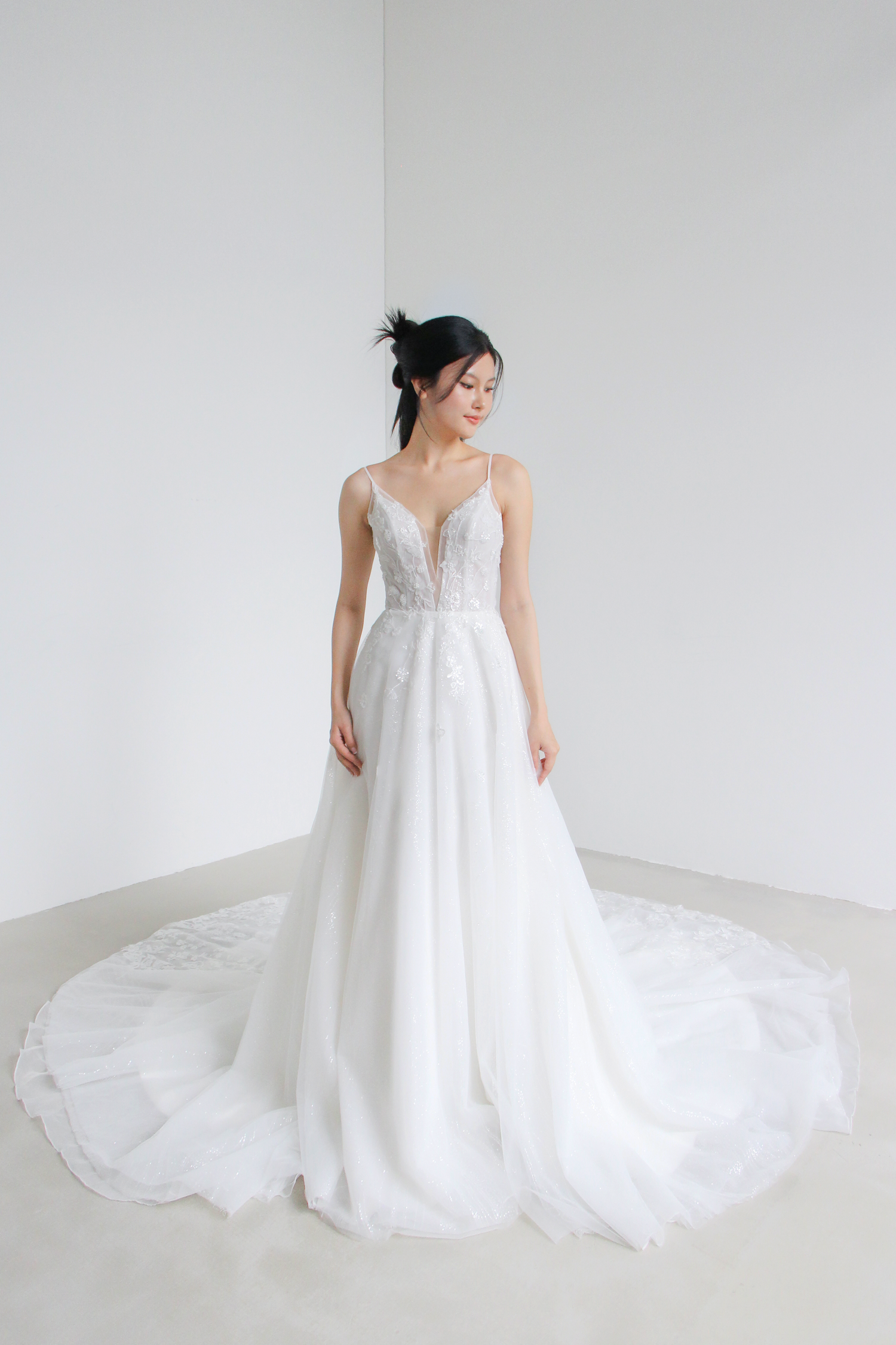 Caitlyn glitter A-line wedding dress front view with spaghetti straps
