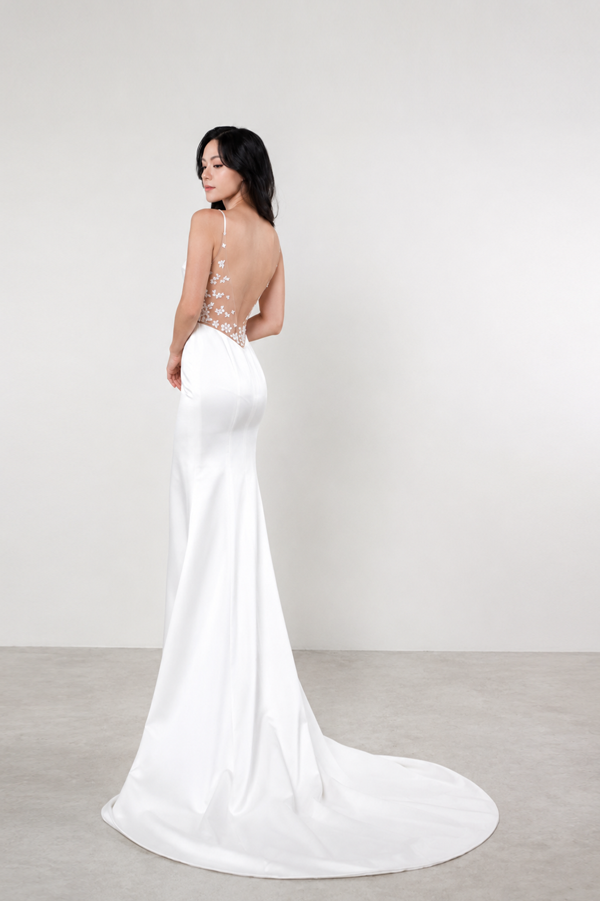 Cordelia bridal gown back view with a low illusion mesh back and lace detailing