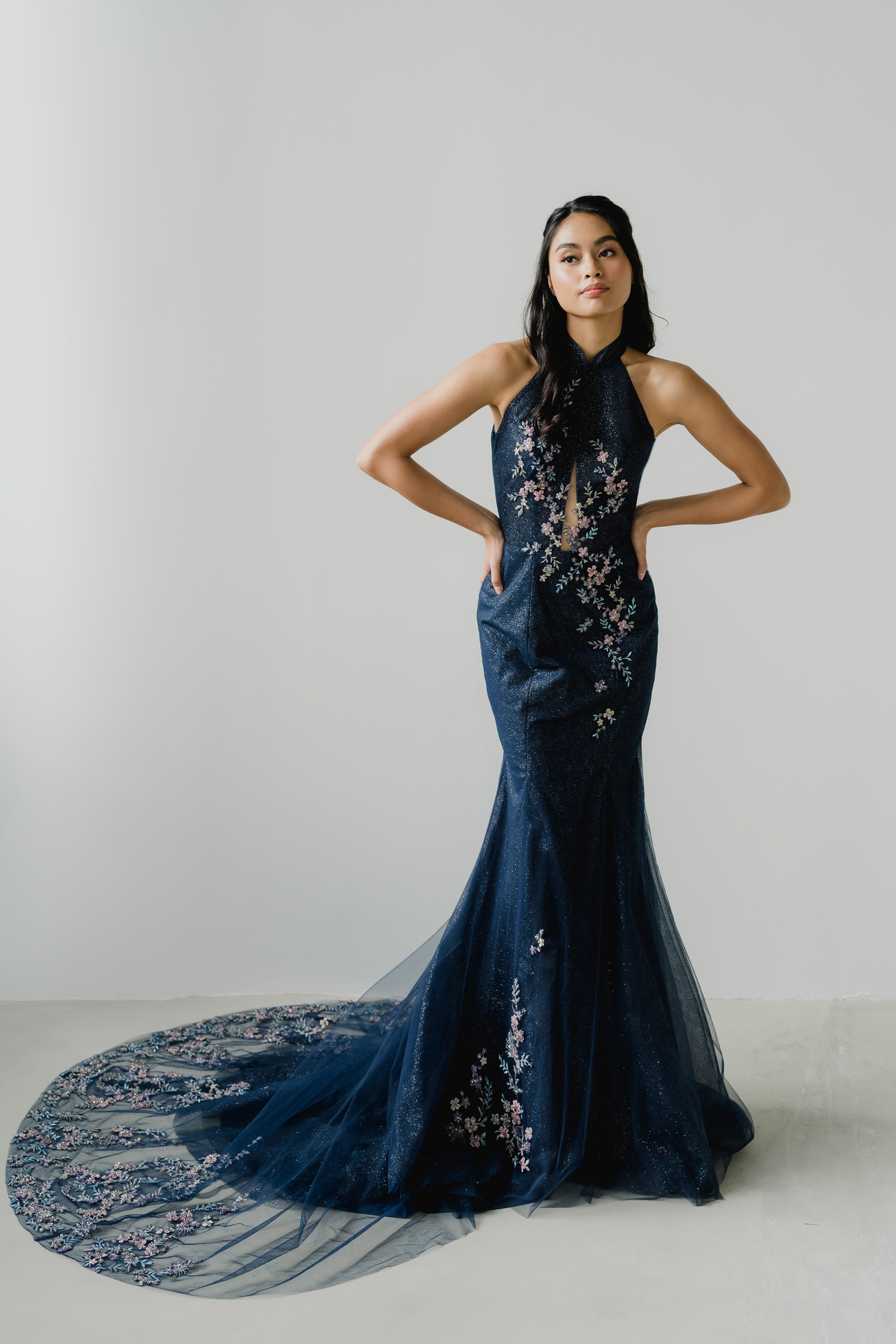 Evelyn wedding cheongsam front view in midnight blue glitter tulle
