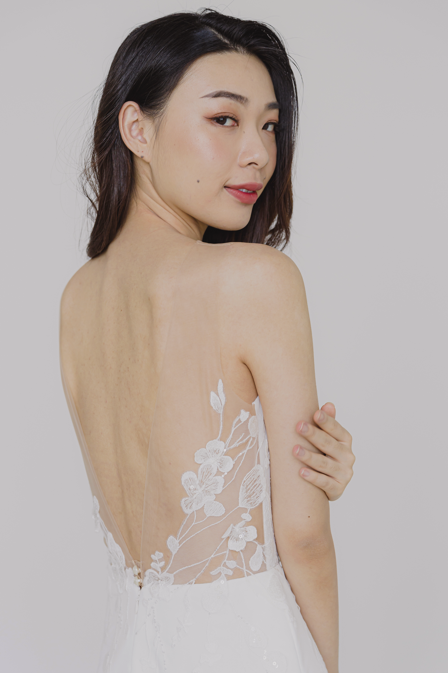 Hannah bridal gown back view with an elegant low V-back