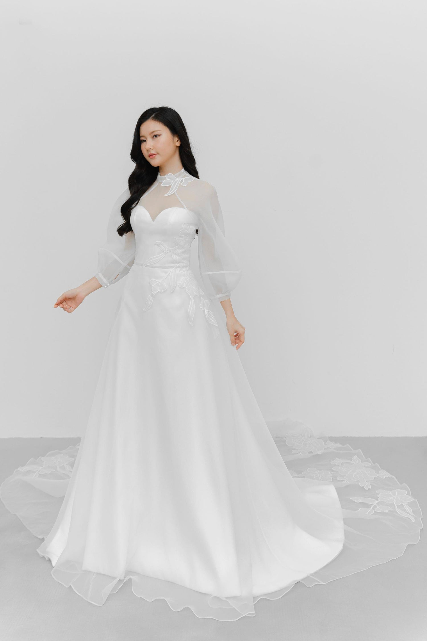 Ivanna bridal gown front view with the detachable organza overlay