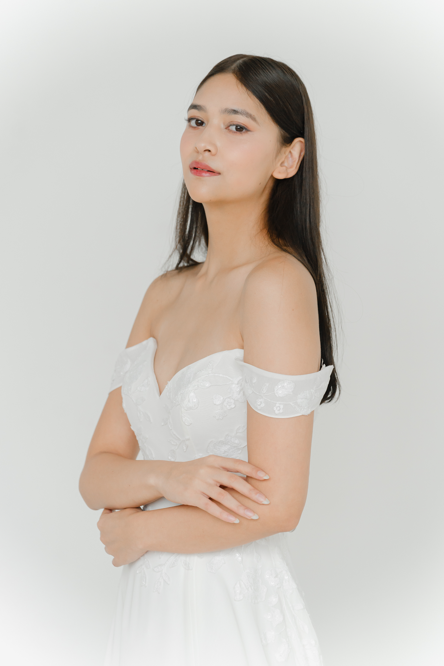 Jolie wedding dress front view with off-shoulder neckline