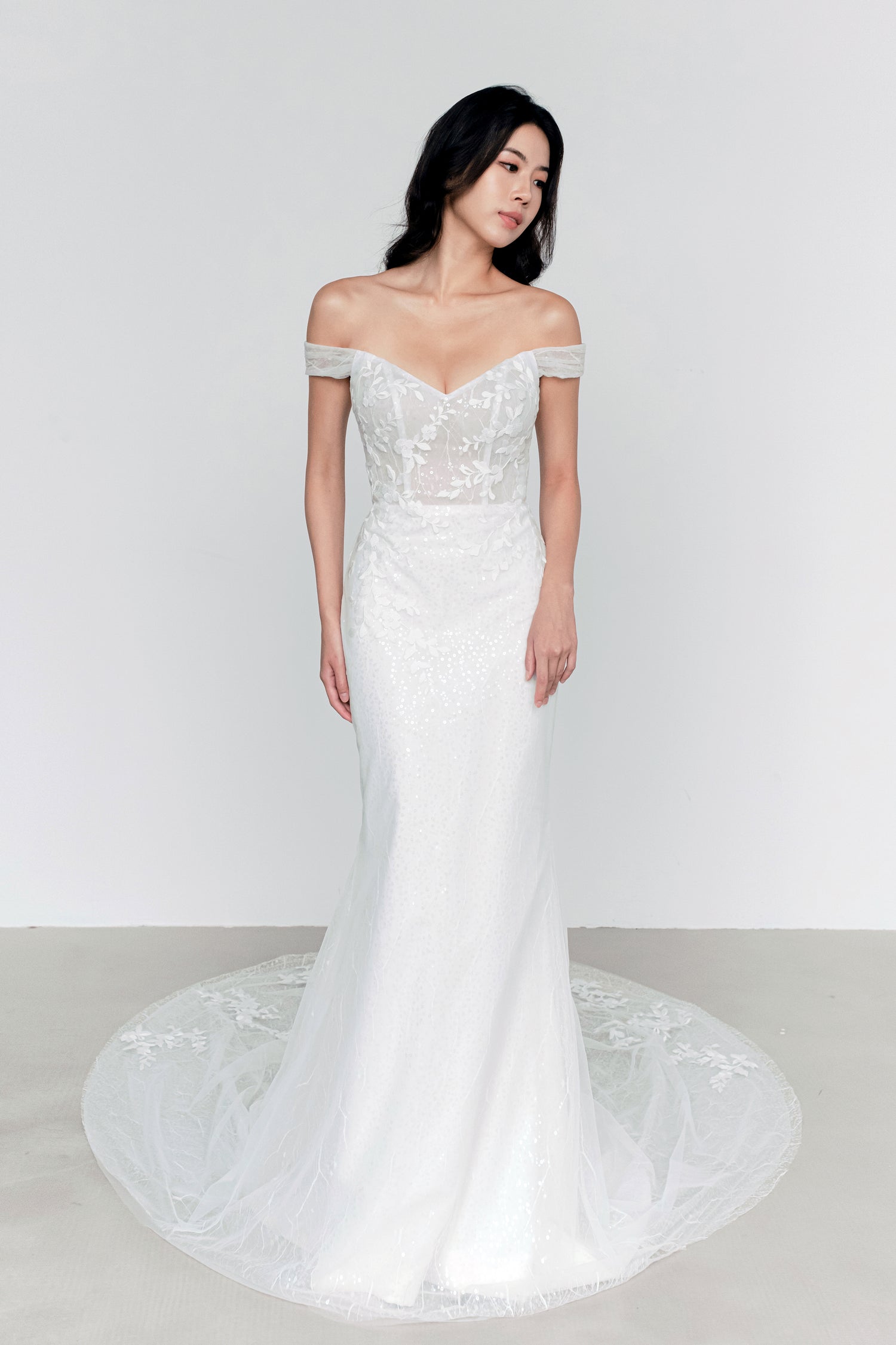 Josie bridal gown front view with off-shoulder straps and a mermaid silhouette