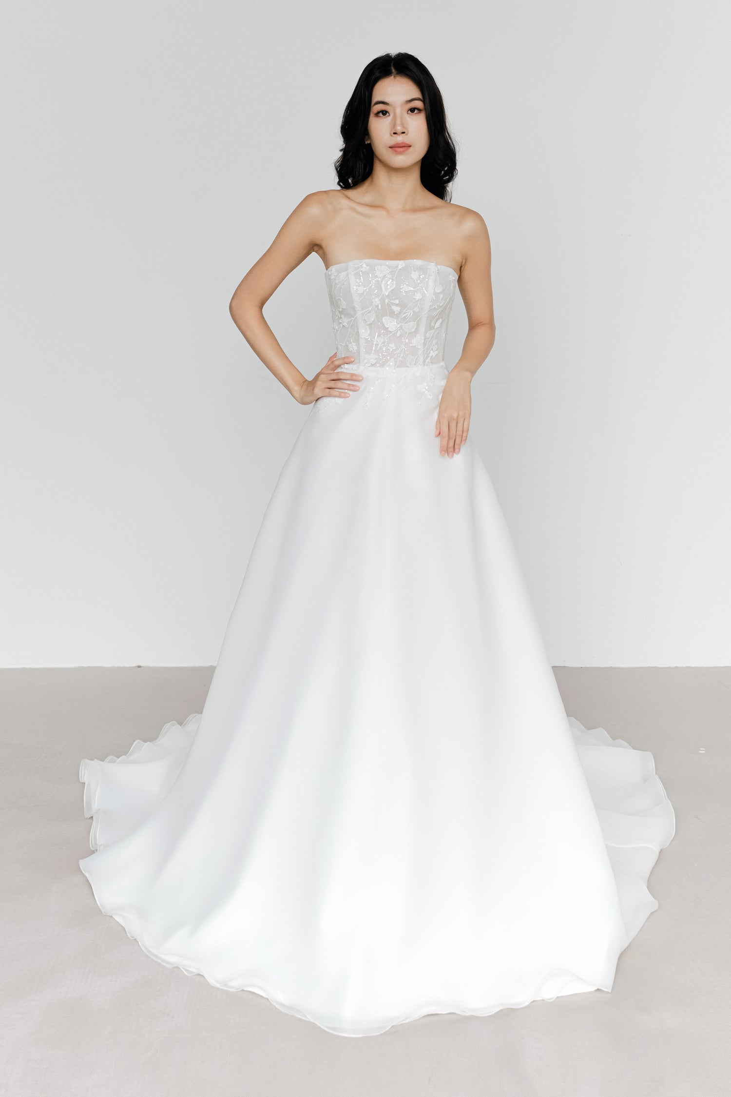 Karla bridal gown front view showcasing the soft flowing organza skirt