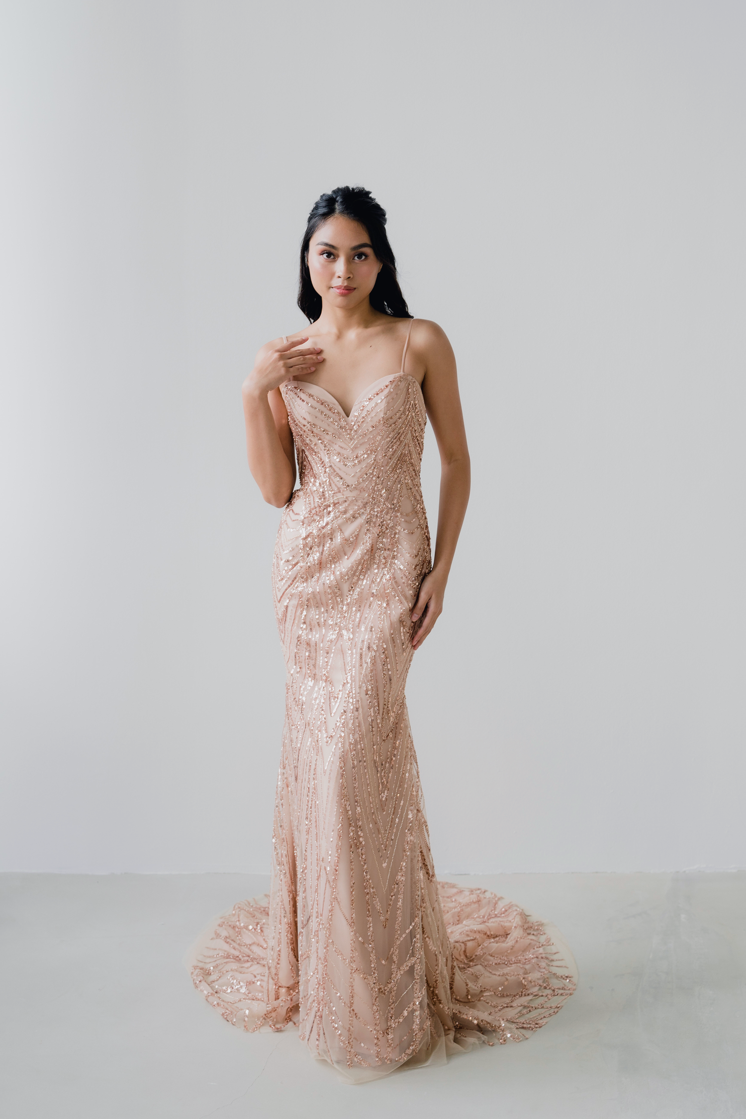 Keira bridal evening gown front view with rose gold sequin embellishments