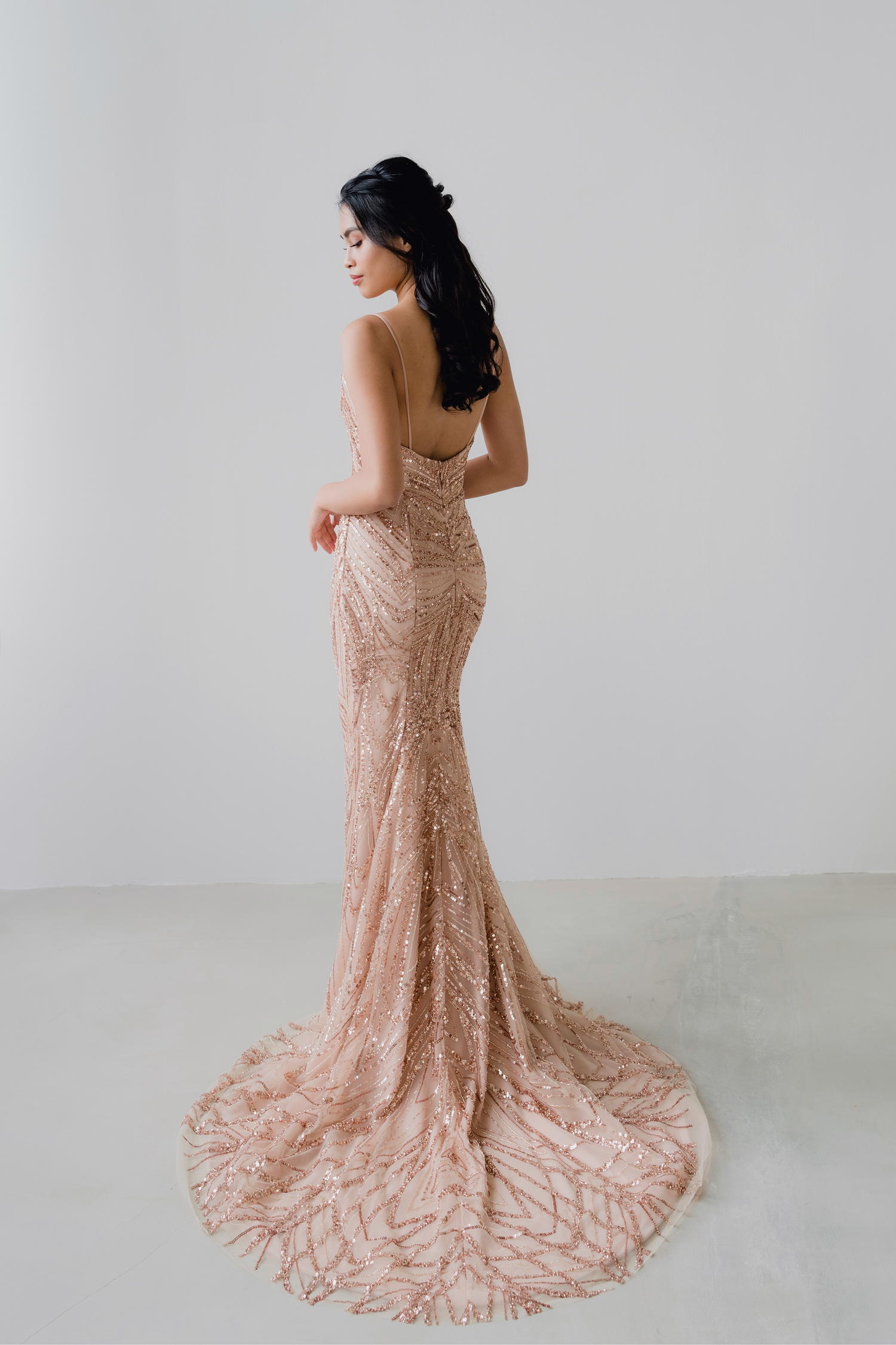 Keira bridal evening gown side view with a fitted silhouette