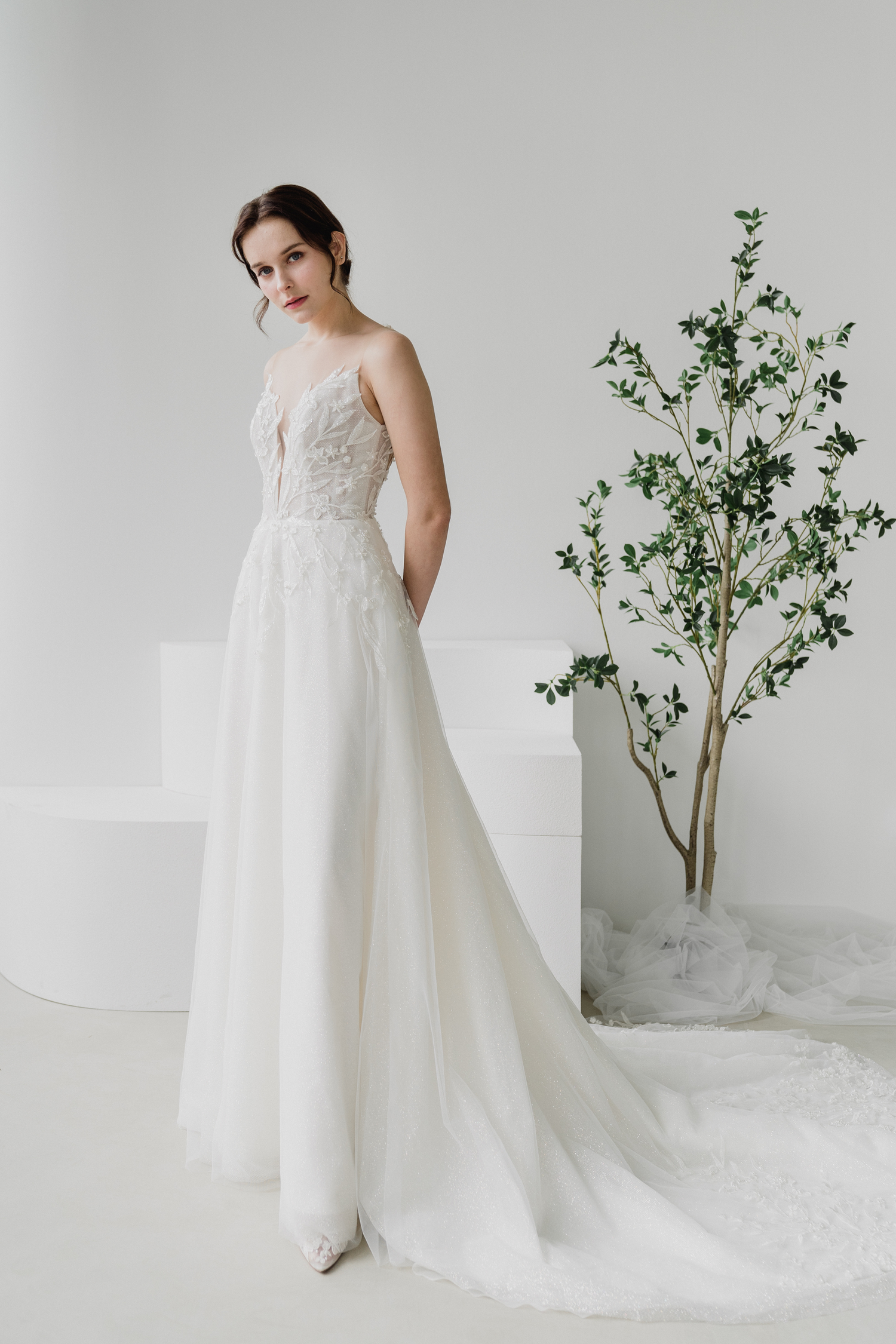 Leanne wedding dress front view with illusion V-plunge neckline