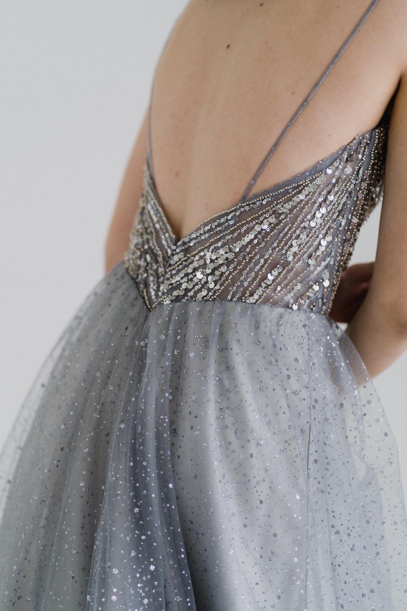 Close-up of Luella bridal evening gown with sequinned bodice