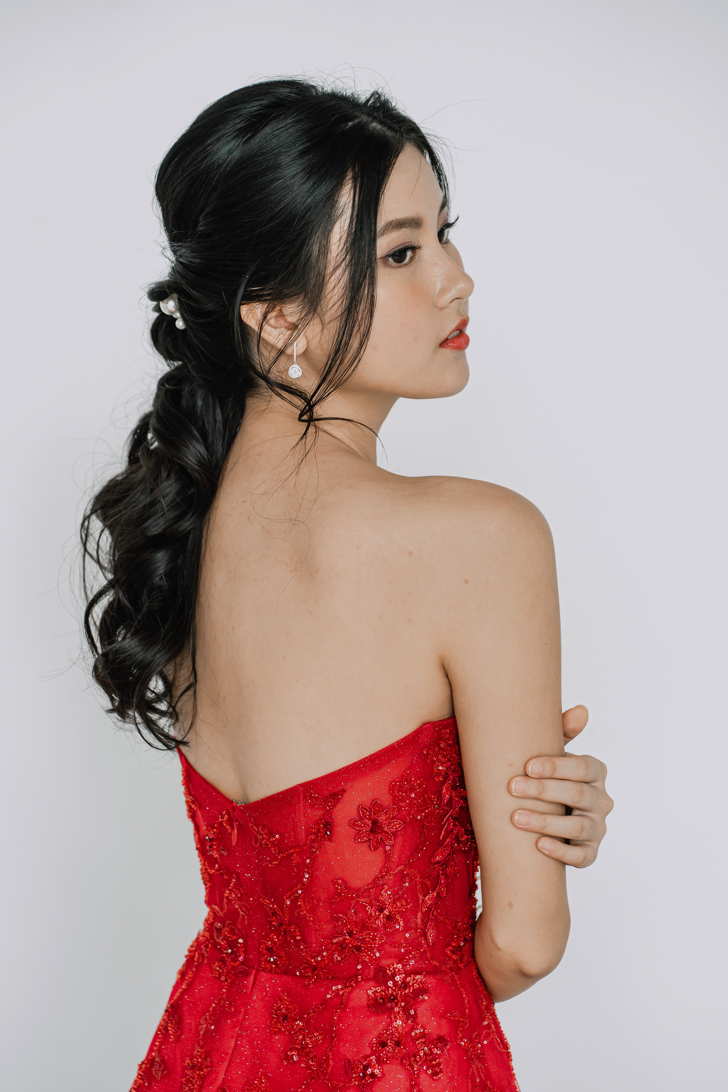 Macy evening dress back view with elegant lace detailing