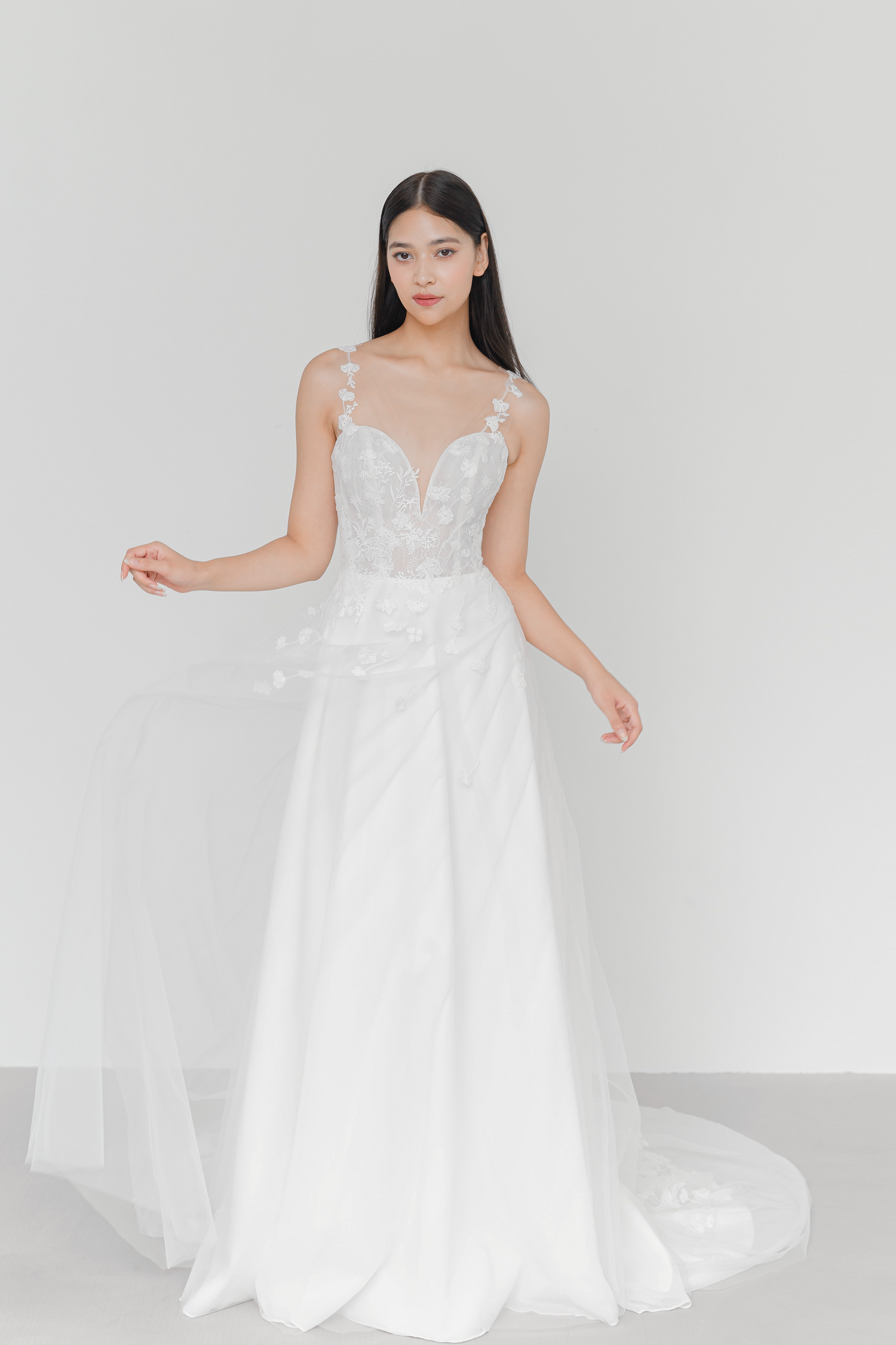 Mikaela bridal gown featuring lace vines framing the neckline and shoulders
