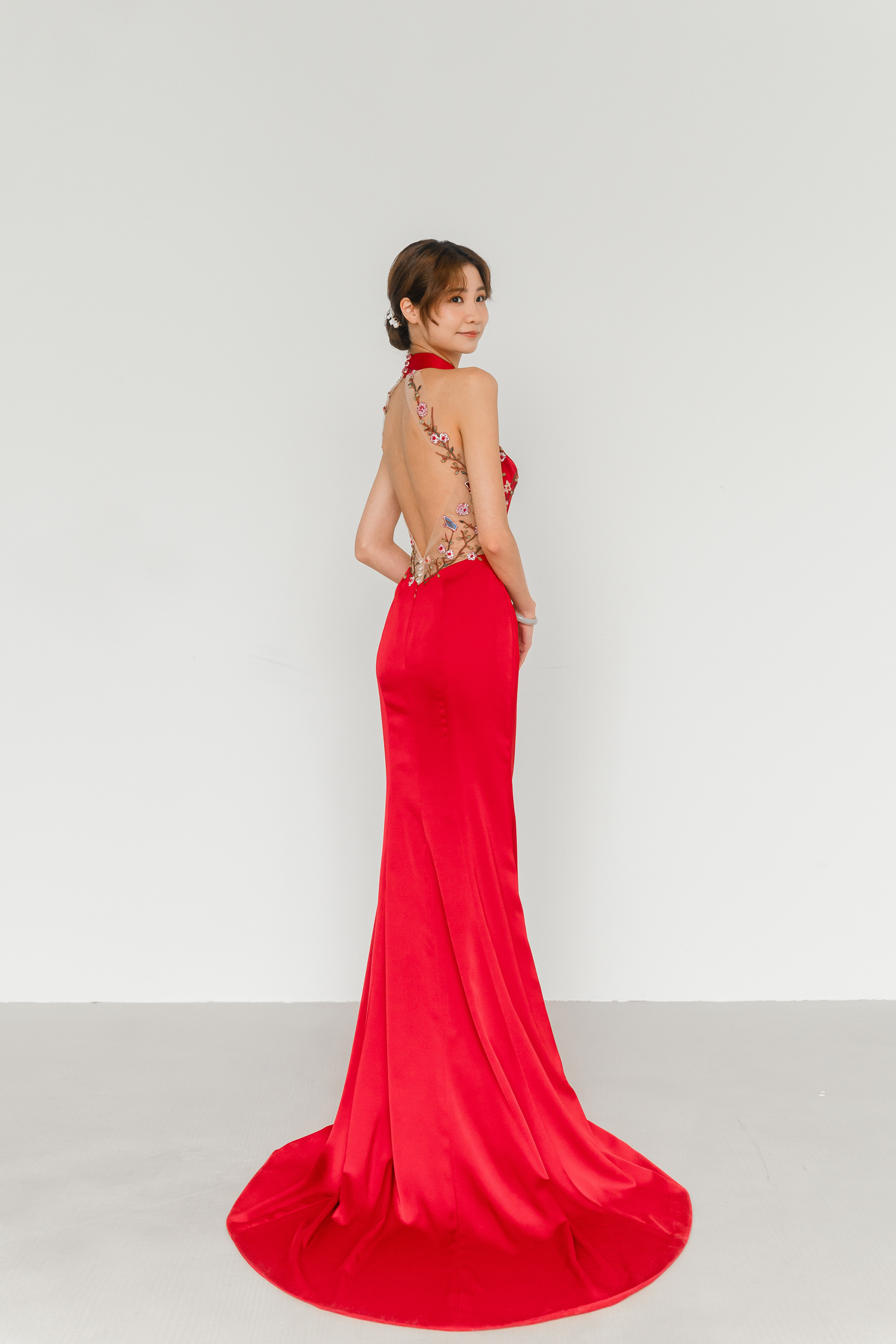 Ramona bridal cheongsam back view with a striking open back