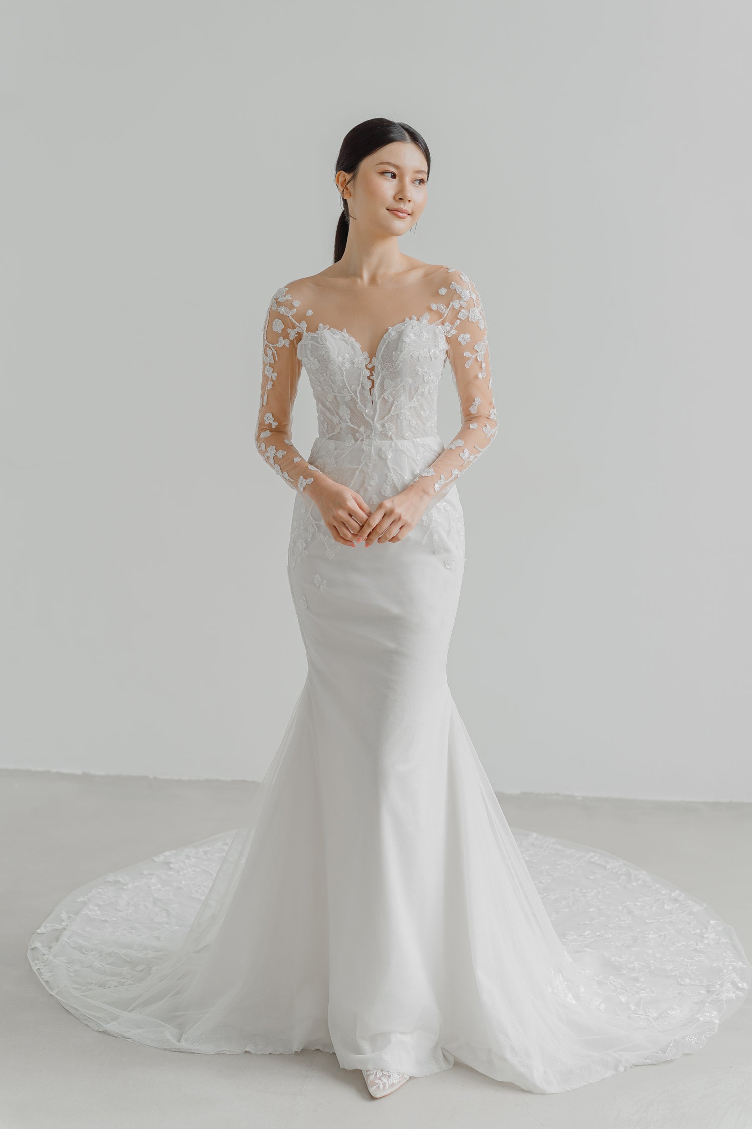 Sandra bridal gown featuring shimmering glitter tulle and timeless lace detailing