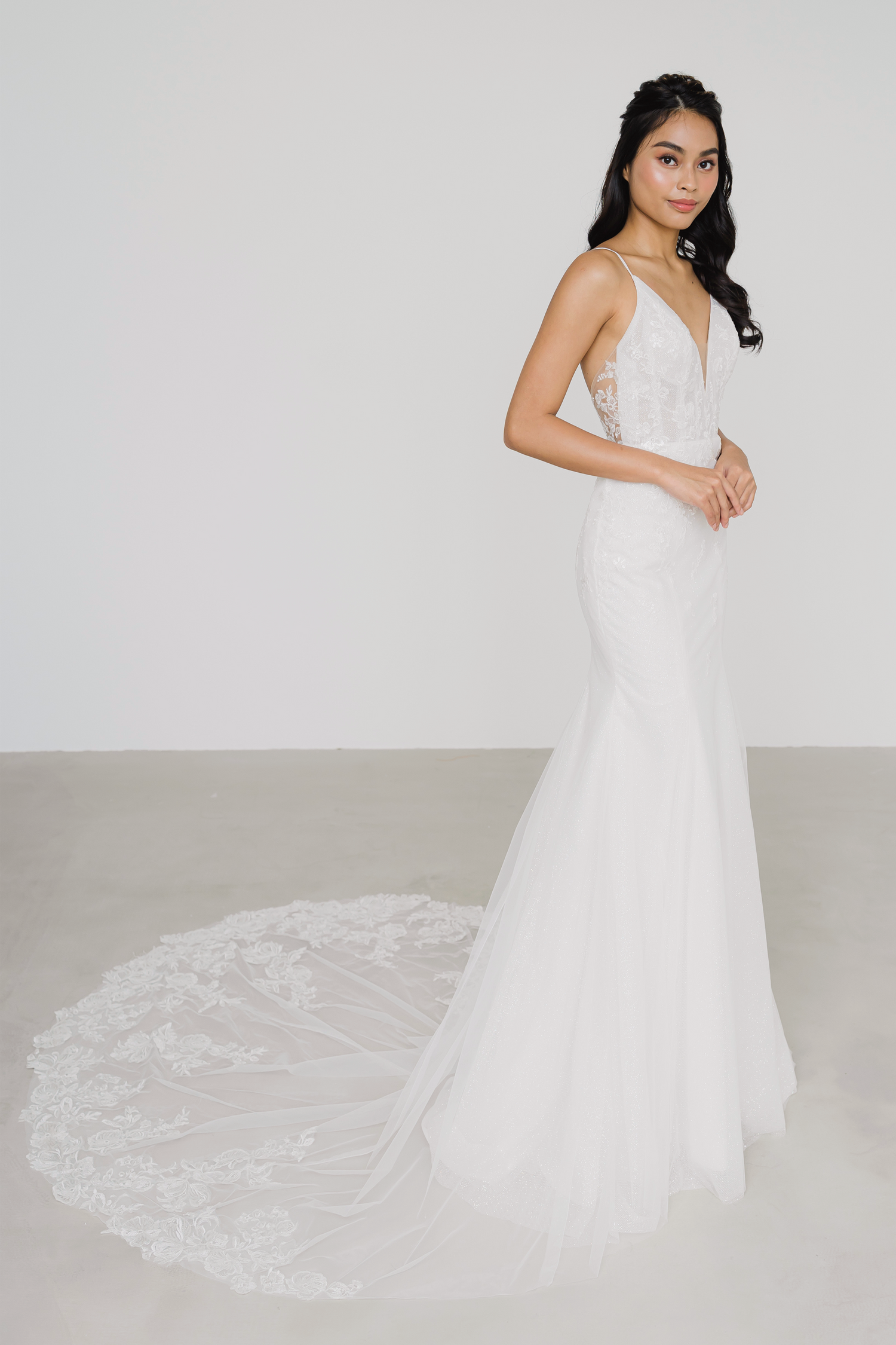 Selina wedding dress front view with shimmering glitter tulle
