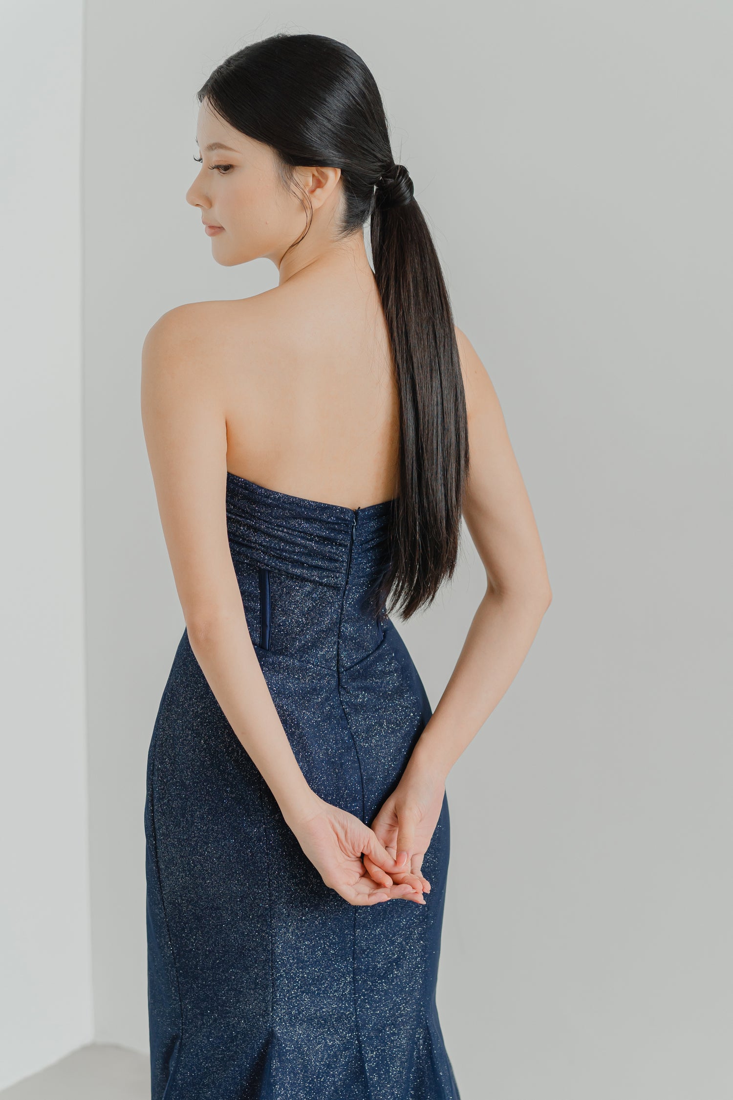 Close-up of Solenne bridal evening gown showcasing the structured corseted bodice
