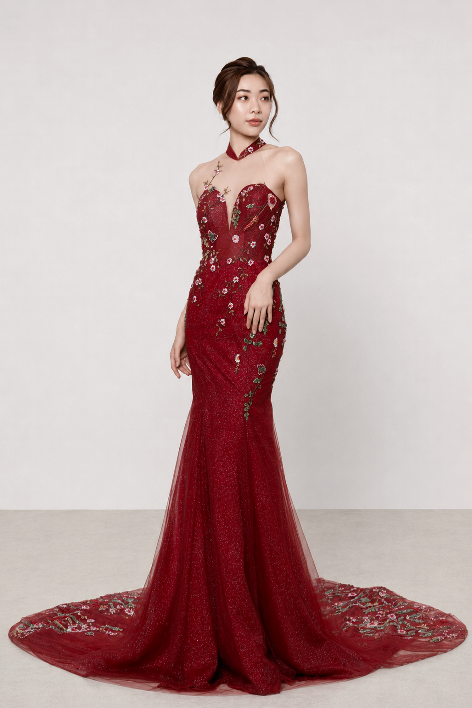 Sora wedding cheongsam front view in rich burgundy red with beaded floral lace