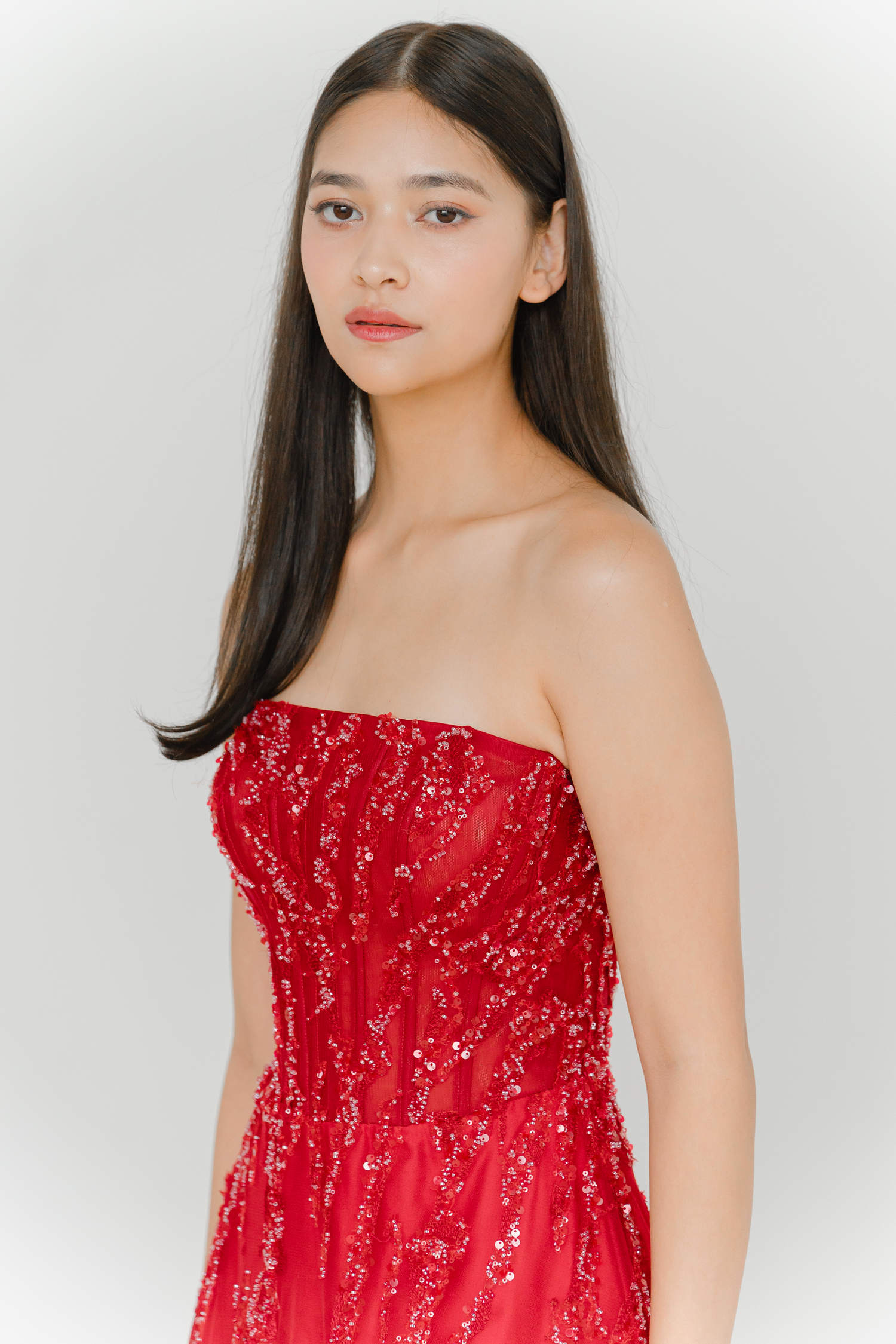 Valeria red bridal evening gown front view with straight neckline