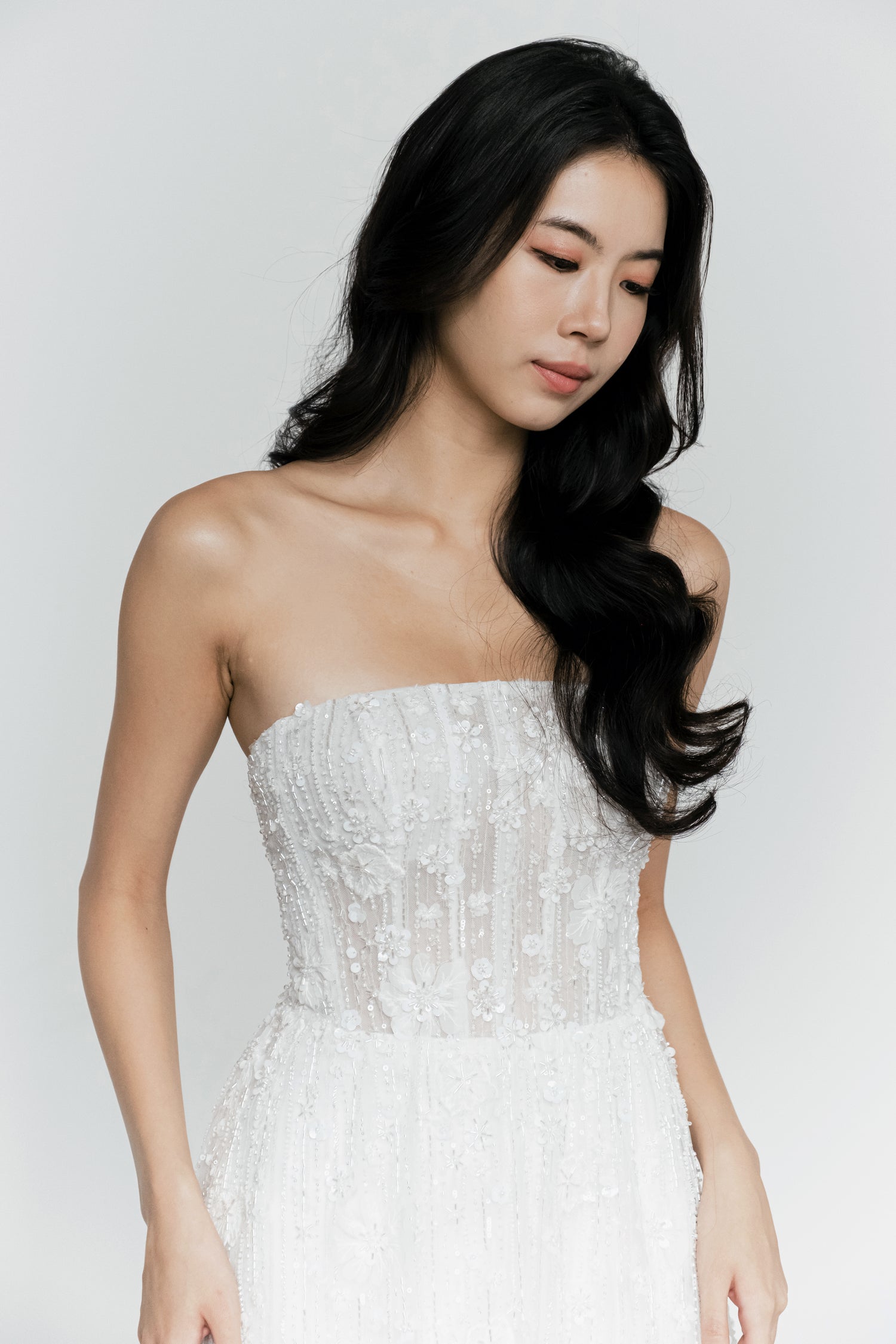 Venice bridal evening gown front view with an elegant A-line silhouette