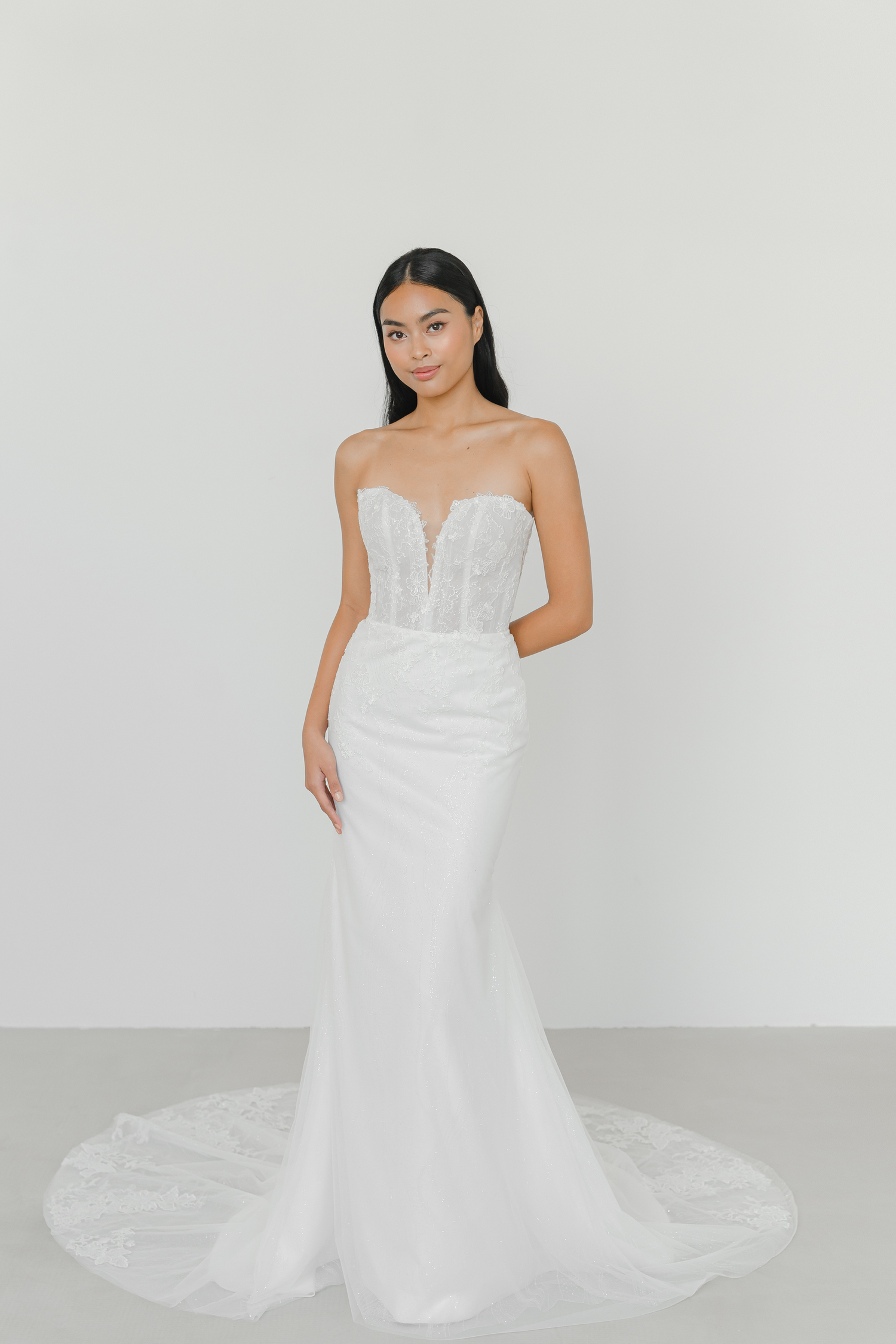 Vivian wedding dress featuring delicate floral lace and soft tulle