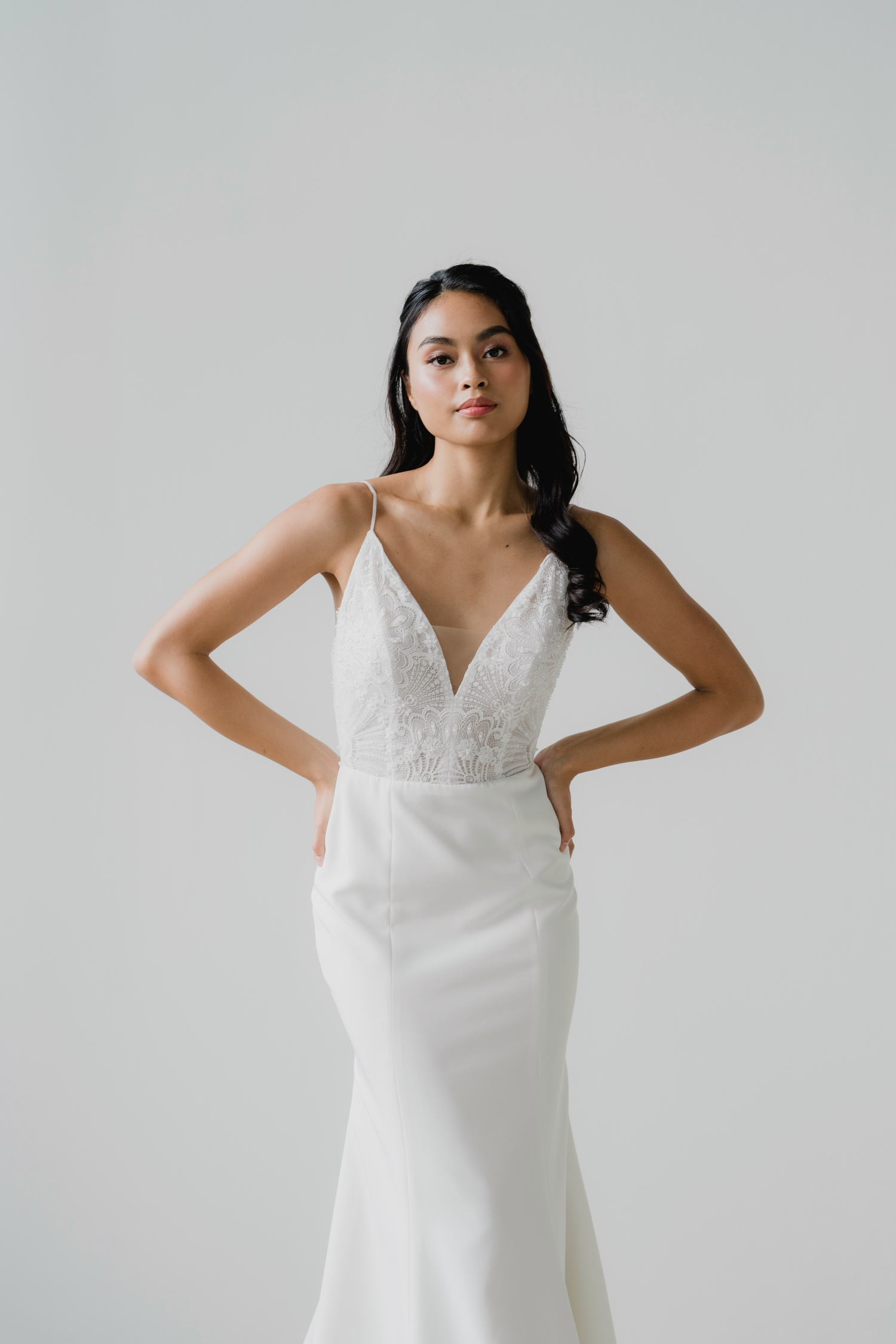 Adele wedding dress front view with V-plunge neckline