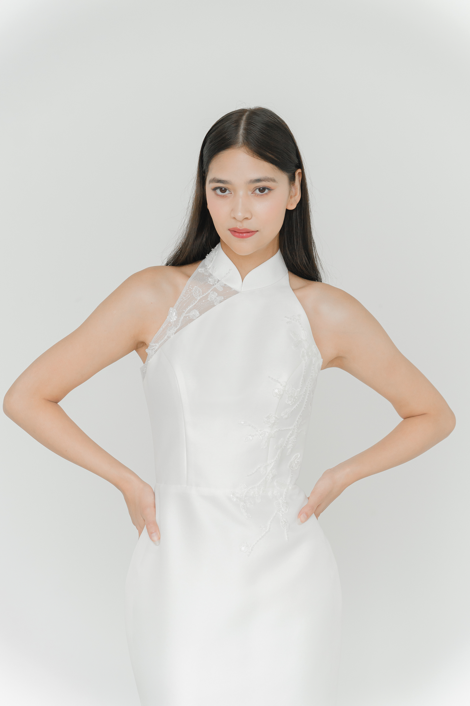 Aiko bridal cheongsam featuring minimalist shantung crepe and subtle lace accents