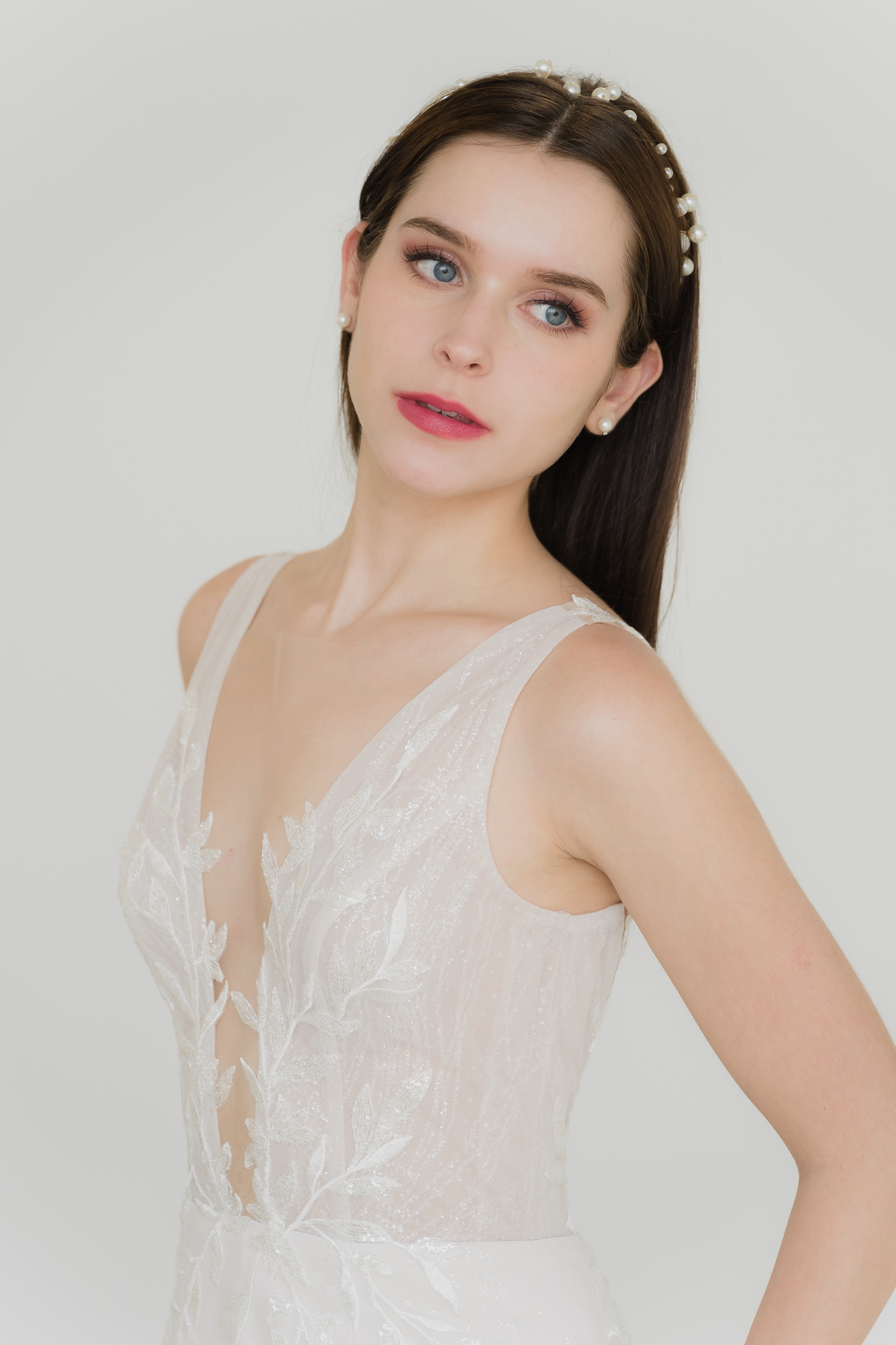Close-up of Alana wedding gown highlighting the shimmering glitter tulle over the soft nude underlay
