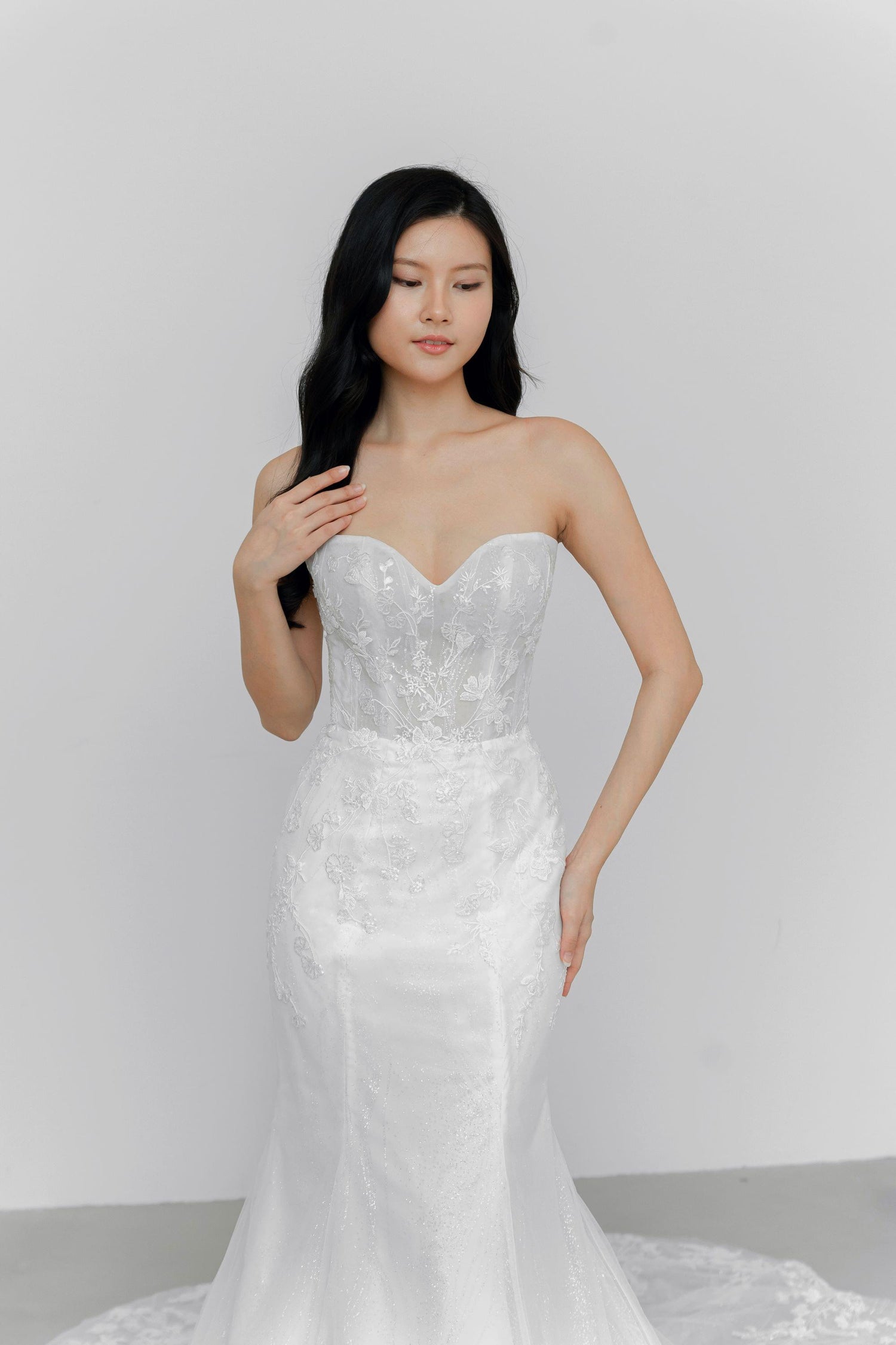 Close-up of Alethea bridal gown showcasing the soft sweetheart neckline