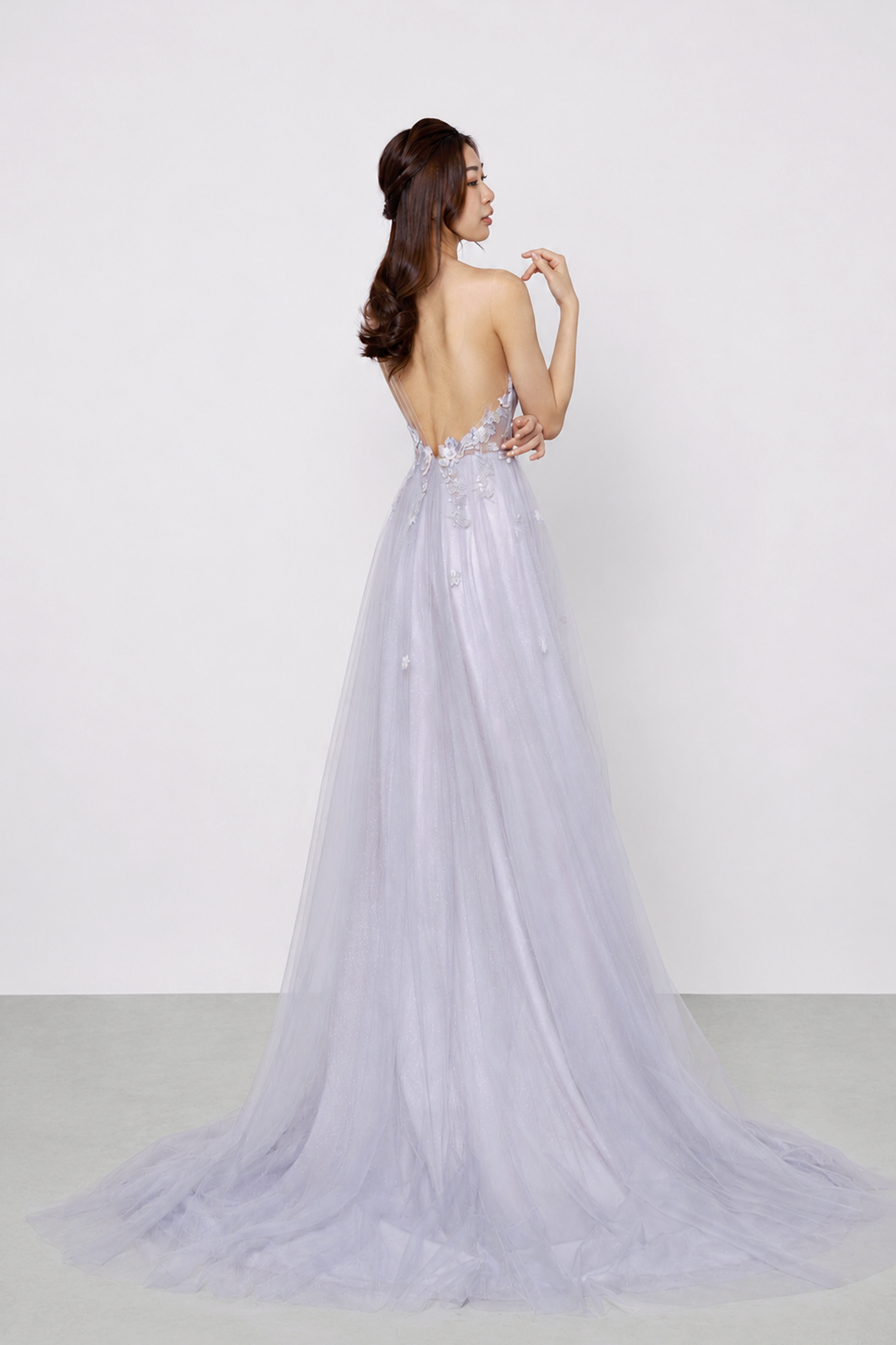 Aurora glitter evening gown back view with a daring open back