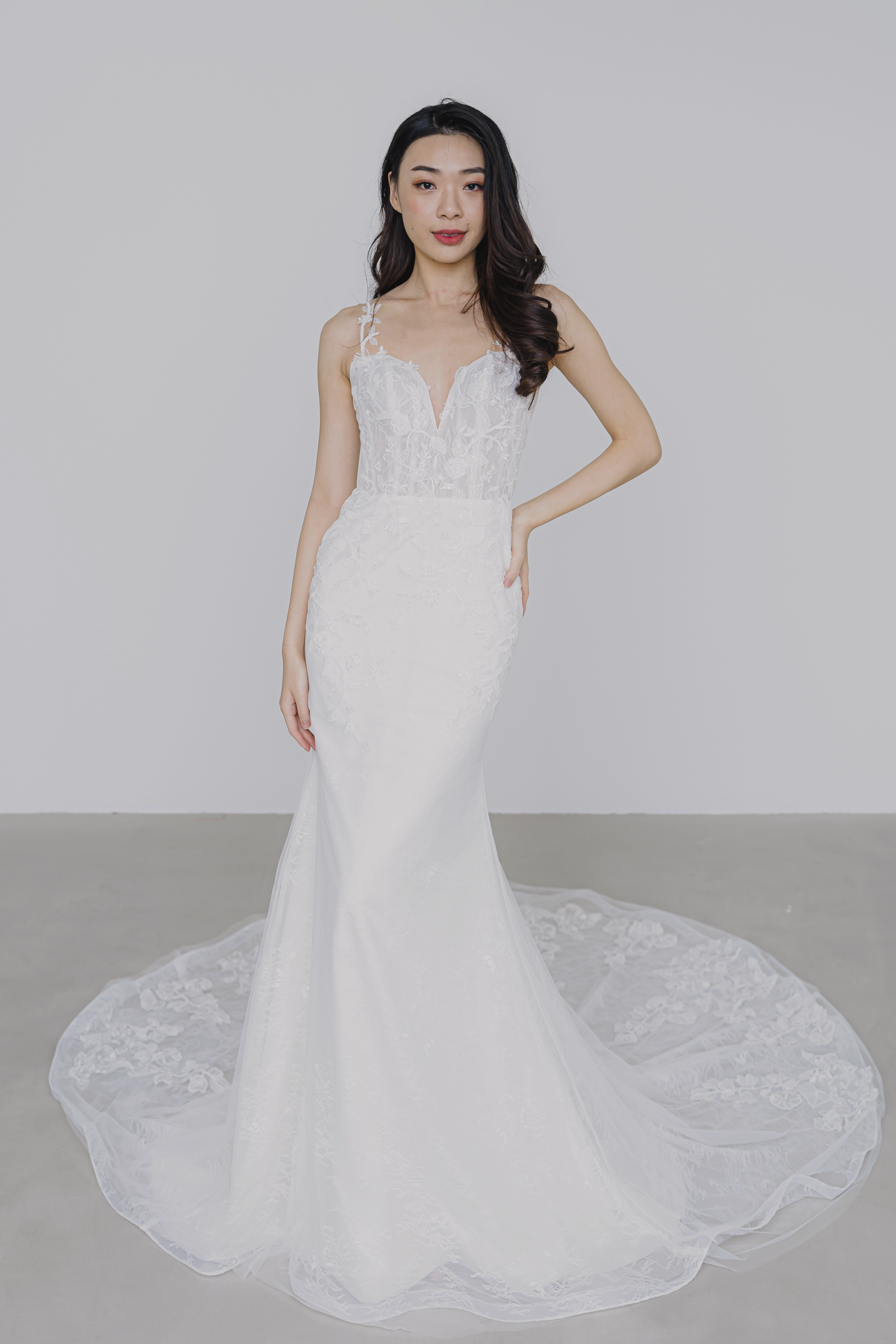 Bethany wedding dress front view with an illusion plunge neckline