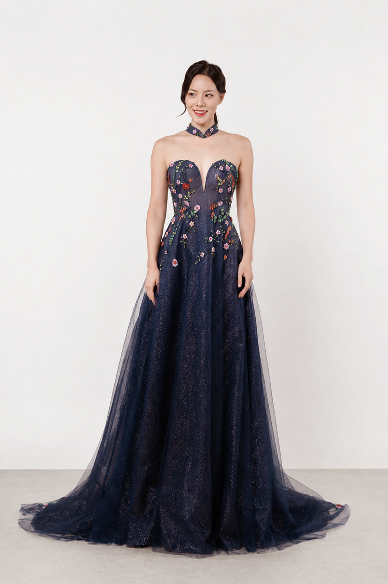 Bridget wedding cheongsam front view in midnight blue glitter tulle with a modern A-line silhouette