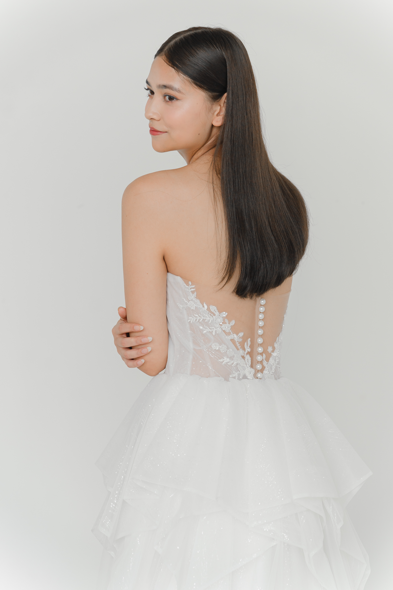 Brielle wedding dress back view with an elegant flowing silhouette