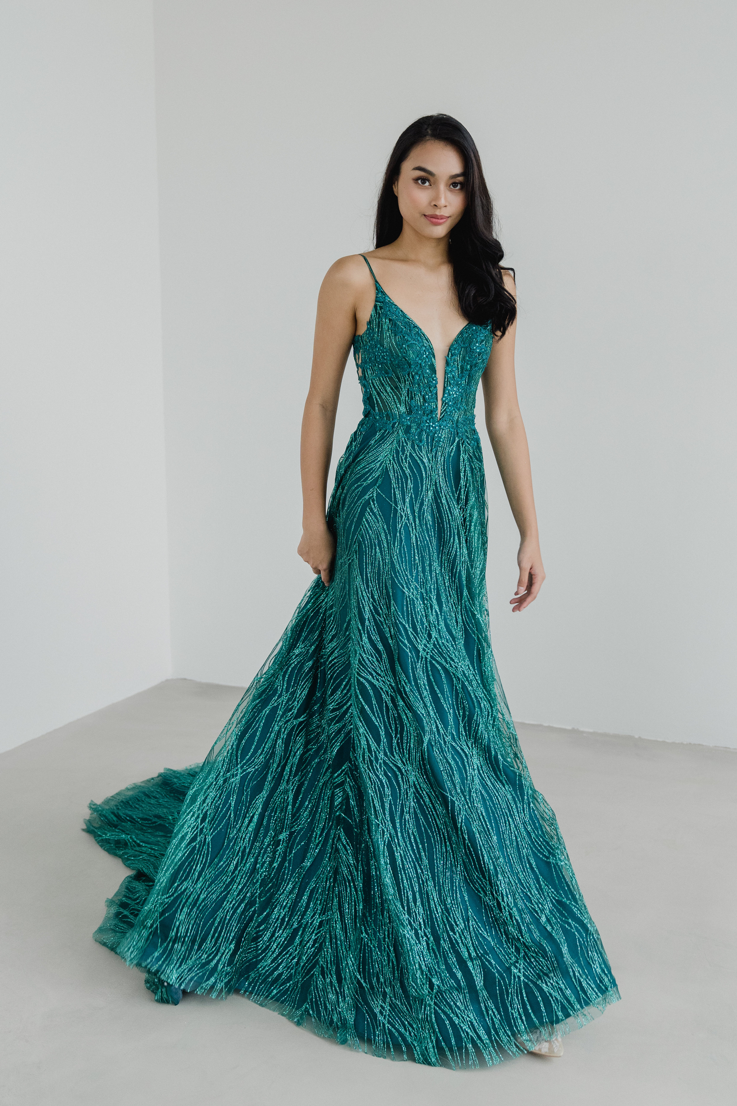 Cassie bridal evening gown front view in emerald green glitter