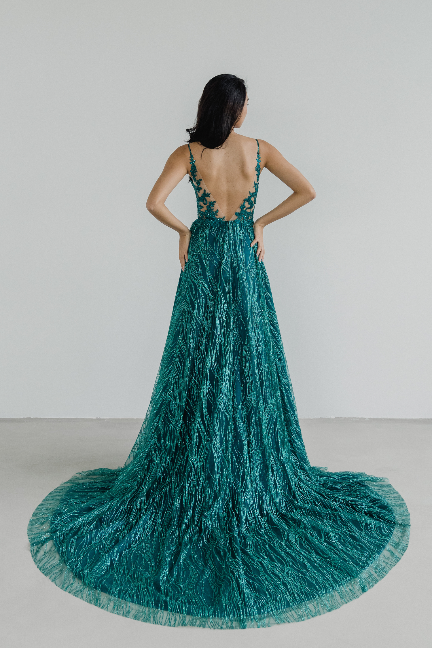 Cassie evening dress back view with a low open back