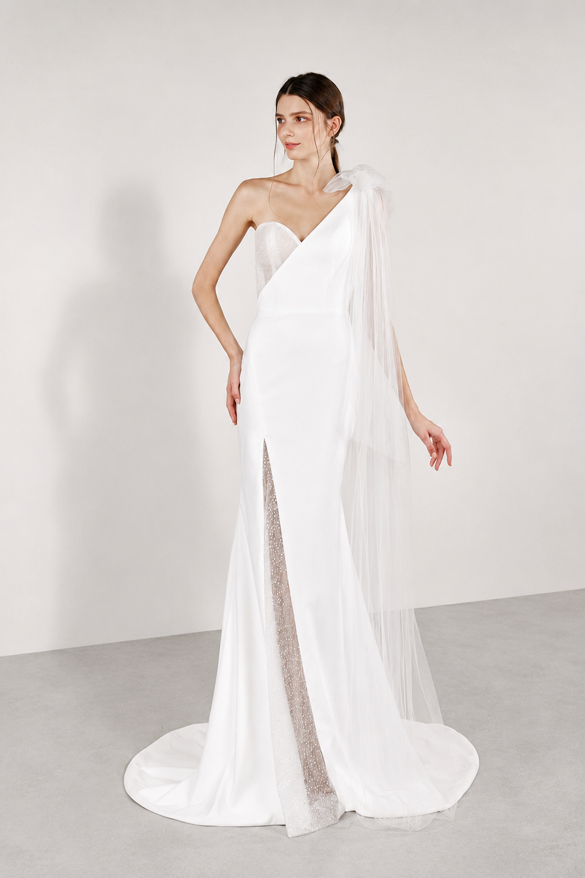 Chelsea wedding dress front view with the detachable soft tulle bow