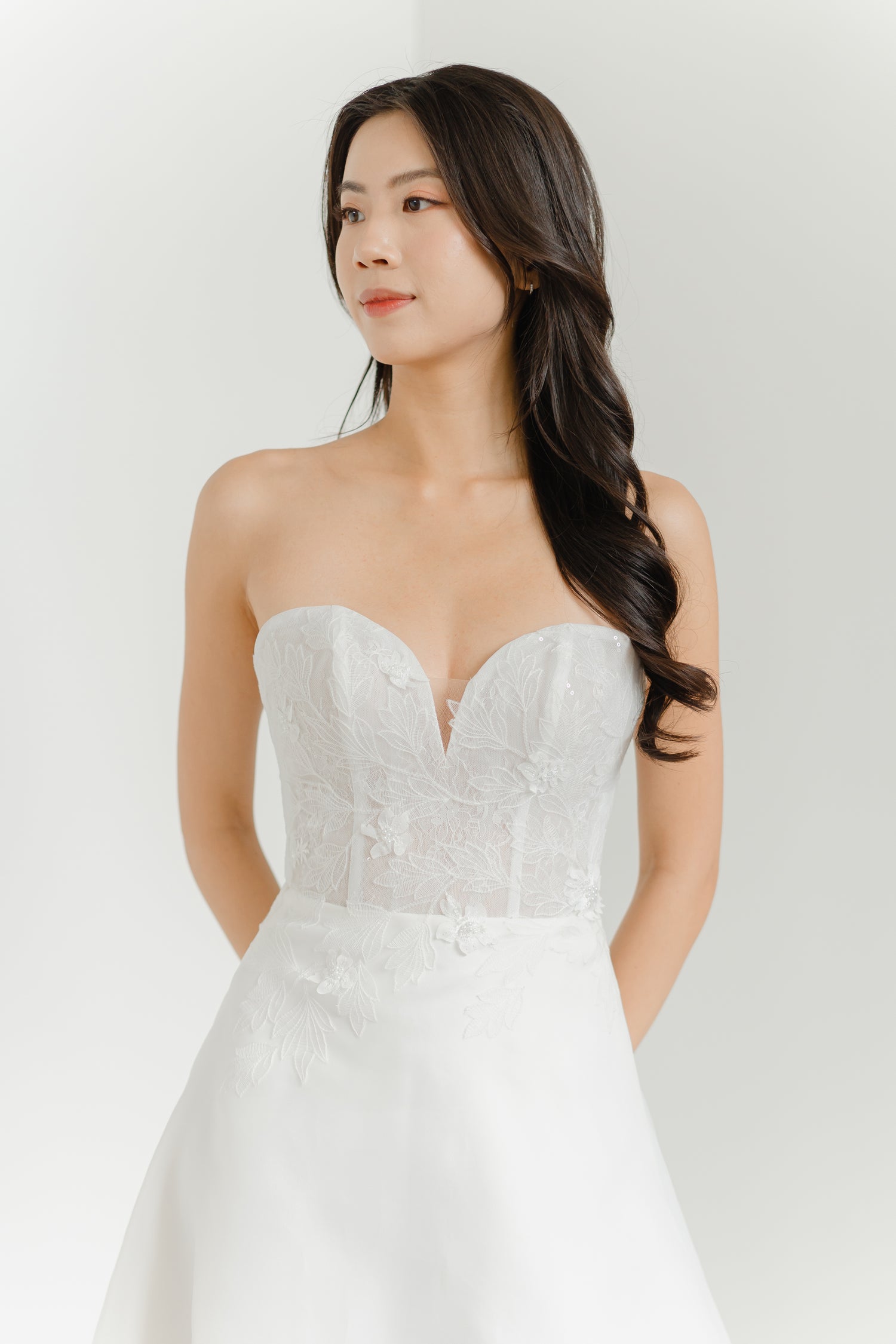 Cherie bridal gown front view with a sweetheart neckline and elegant A-line silhouette