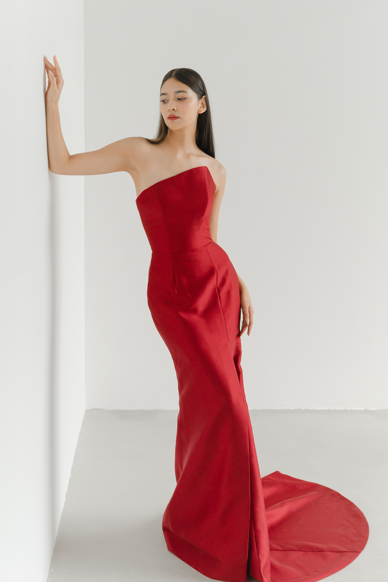 Desiree bridal evening gown front view with a clean straight neckline and relaxed mermaid silhouette