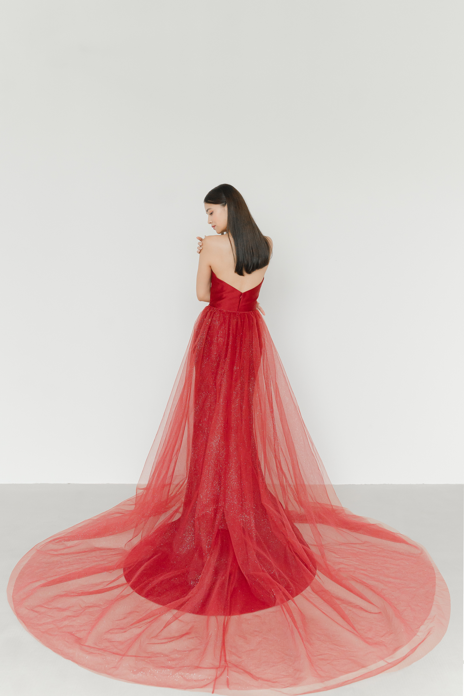 Desiree bridal evening gown featuring the detachable glitter tulle overskirt for a dramatic second look
