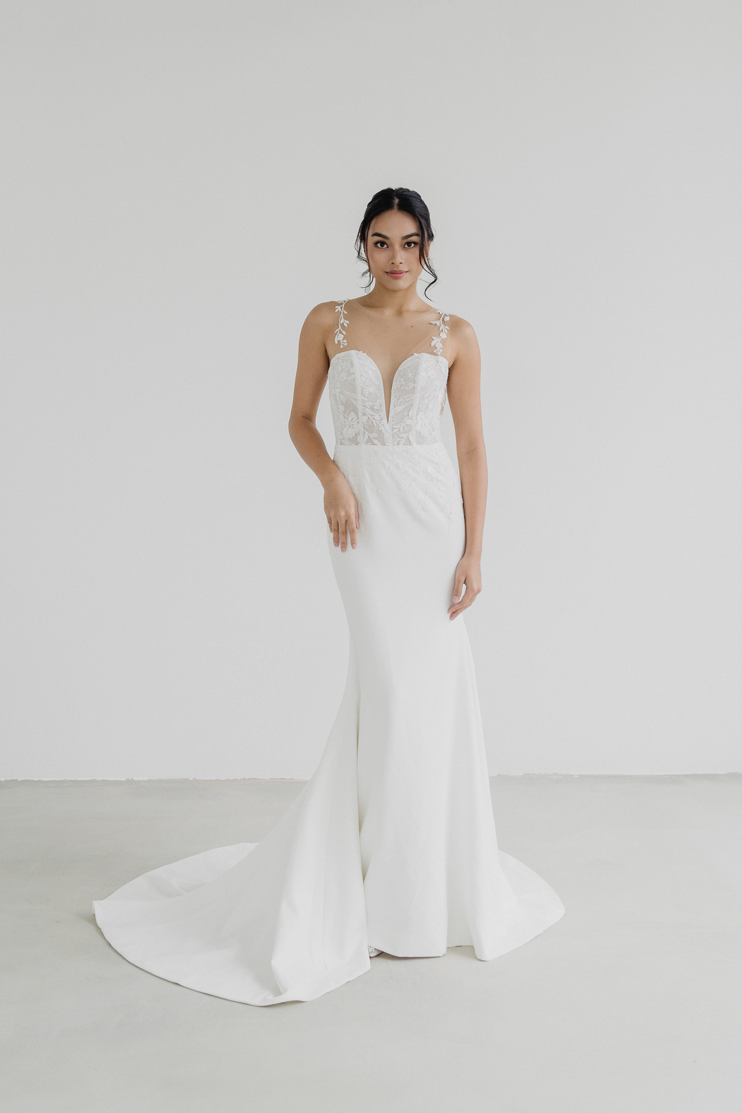 Edith wedding gown front view with illusion neckline