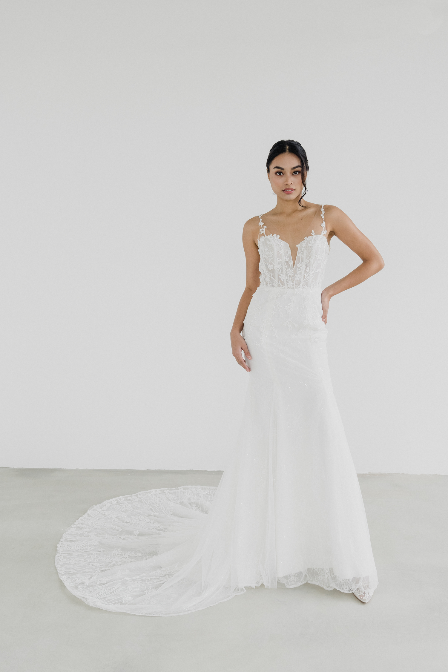 Erica bridal gown front view with illusion lace bodice