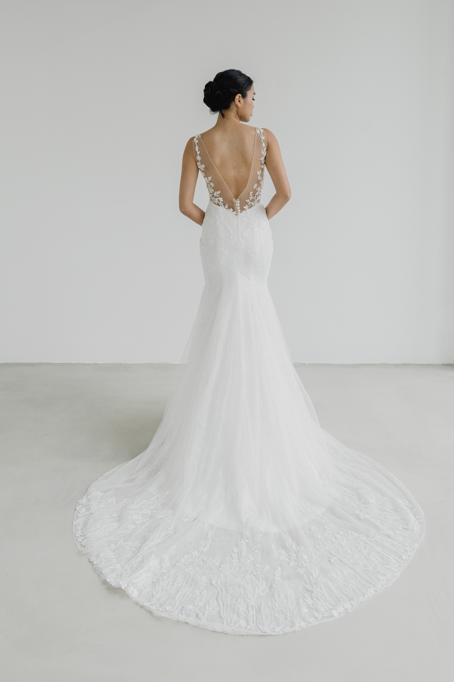 Erica wedding dress back view with delicate lace detailing