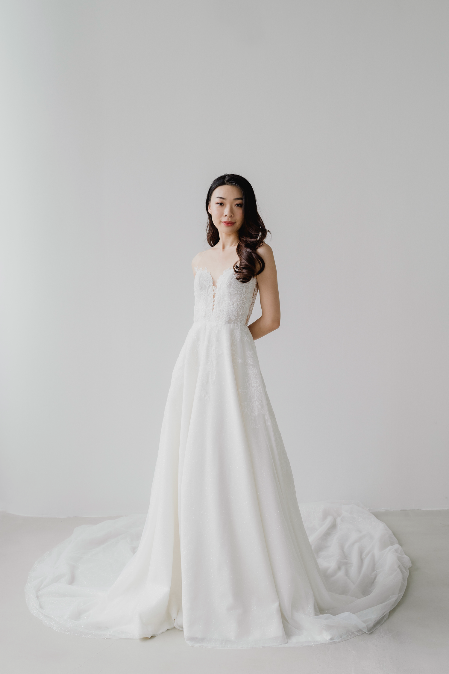 Fiona bridal gown front view with illusion lace bodice