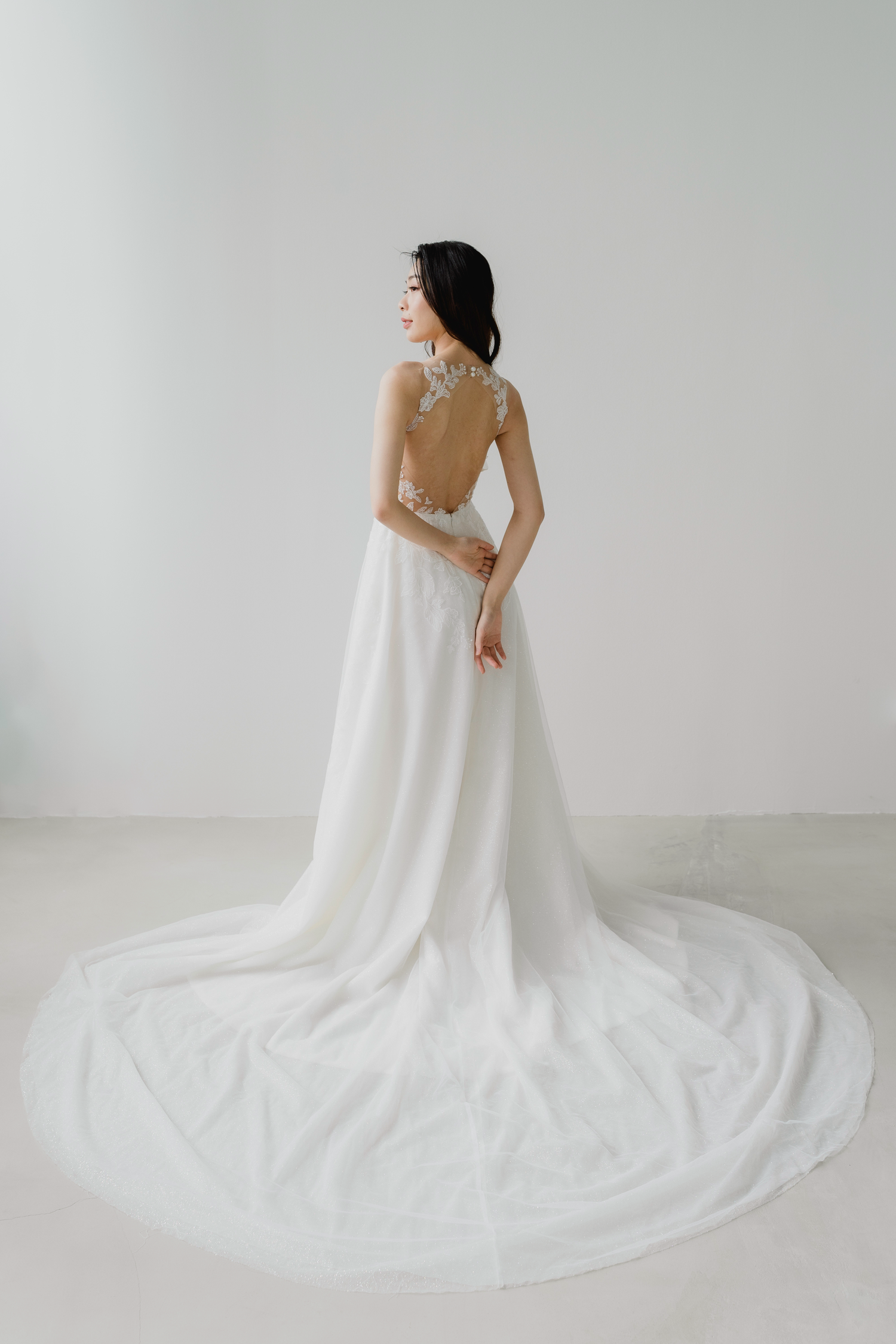 Fiona bridal gown featuring a glitter tulle train