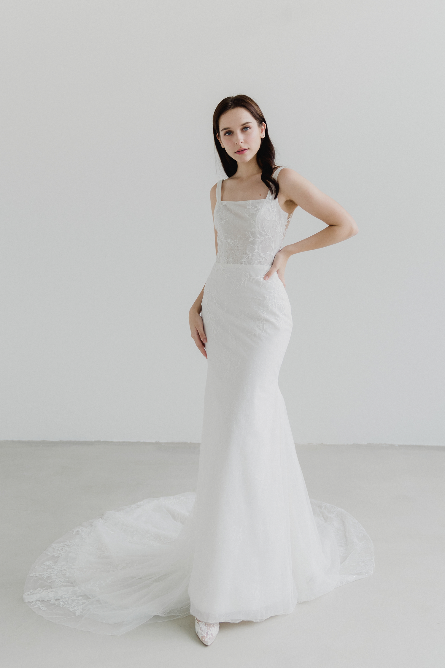 Franca bridal gown front view with square neckline and mermaid silhouette