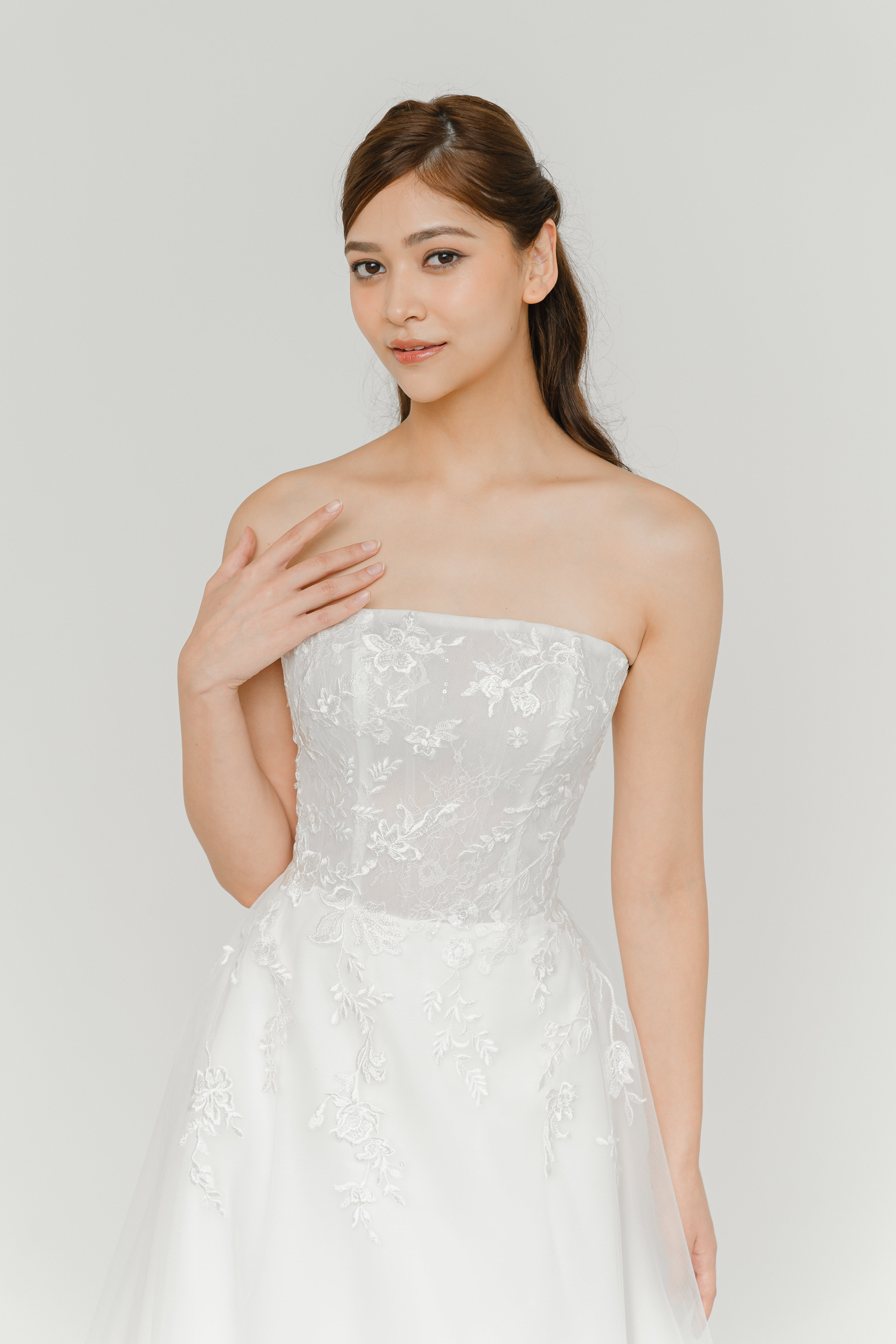 Freya bridal gown front view with a straight neckline and A-line silhouette