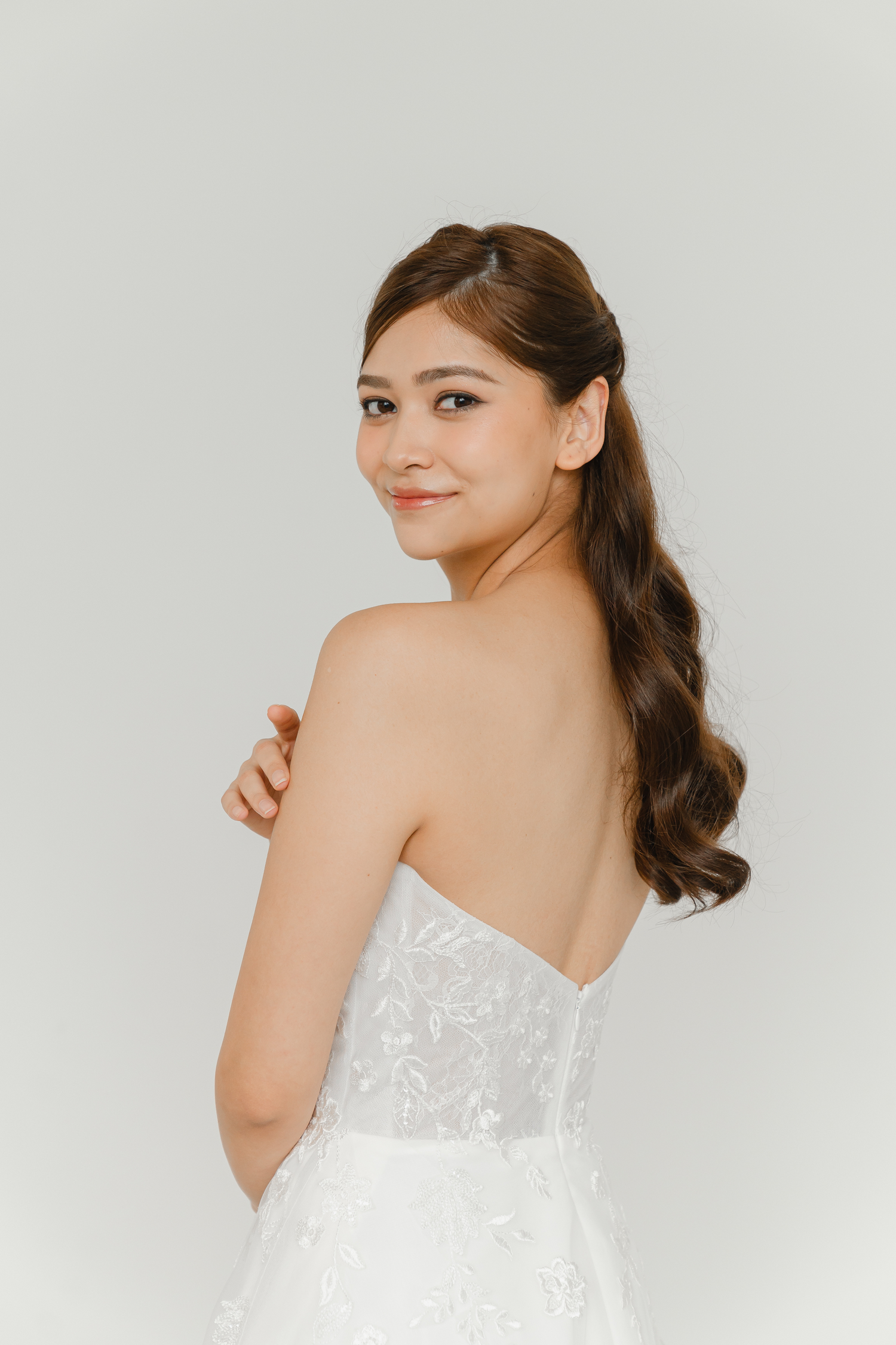 Close-up of Freya wedding dress with delicate floral lace detailing